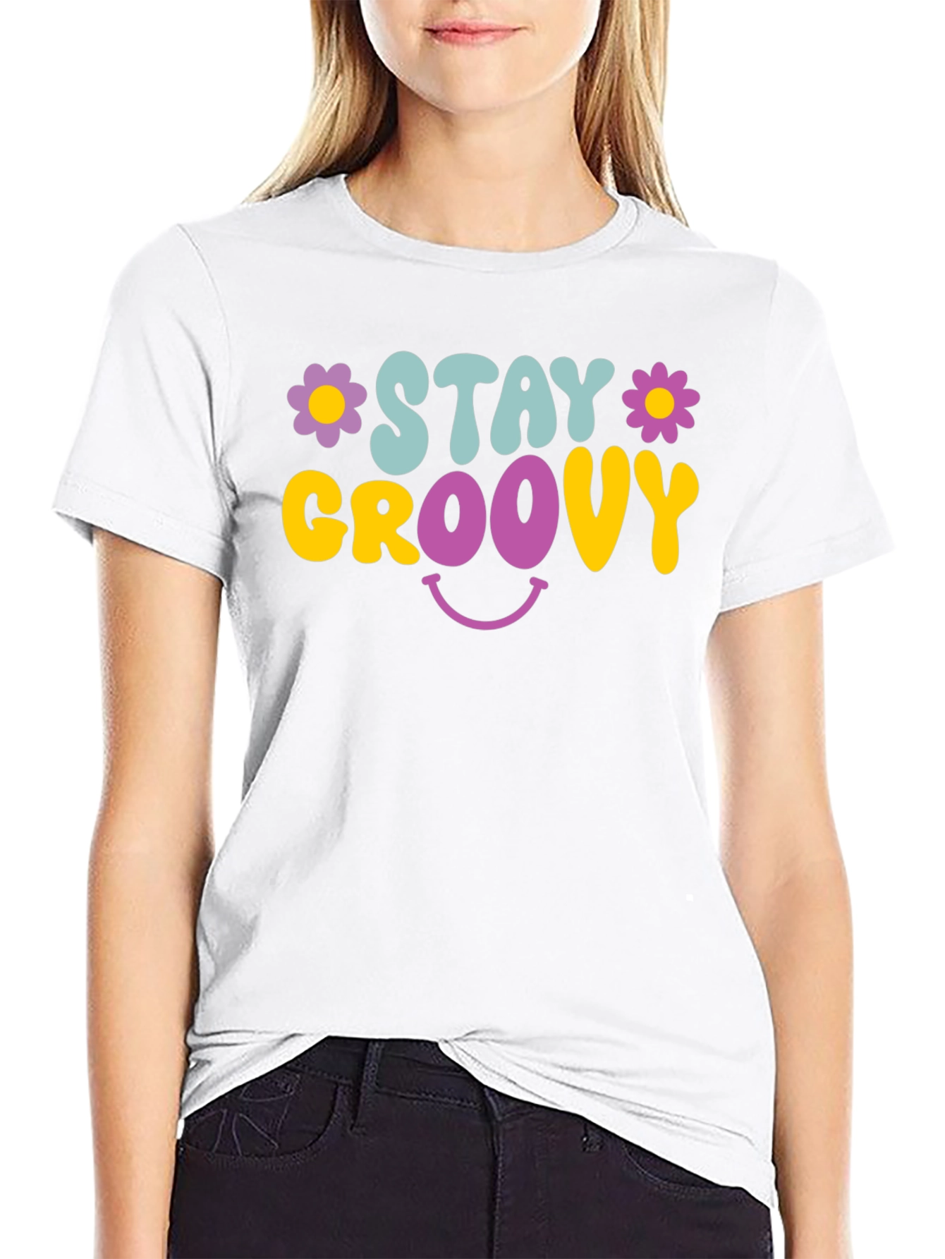 Black Stay Groovy Graphic Tee - Retro Smiley Face T-Shirt view 9