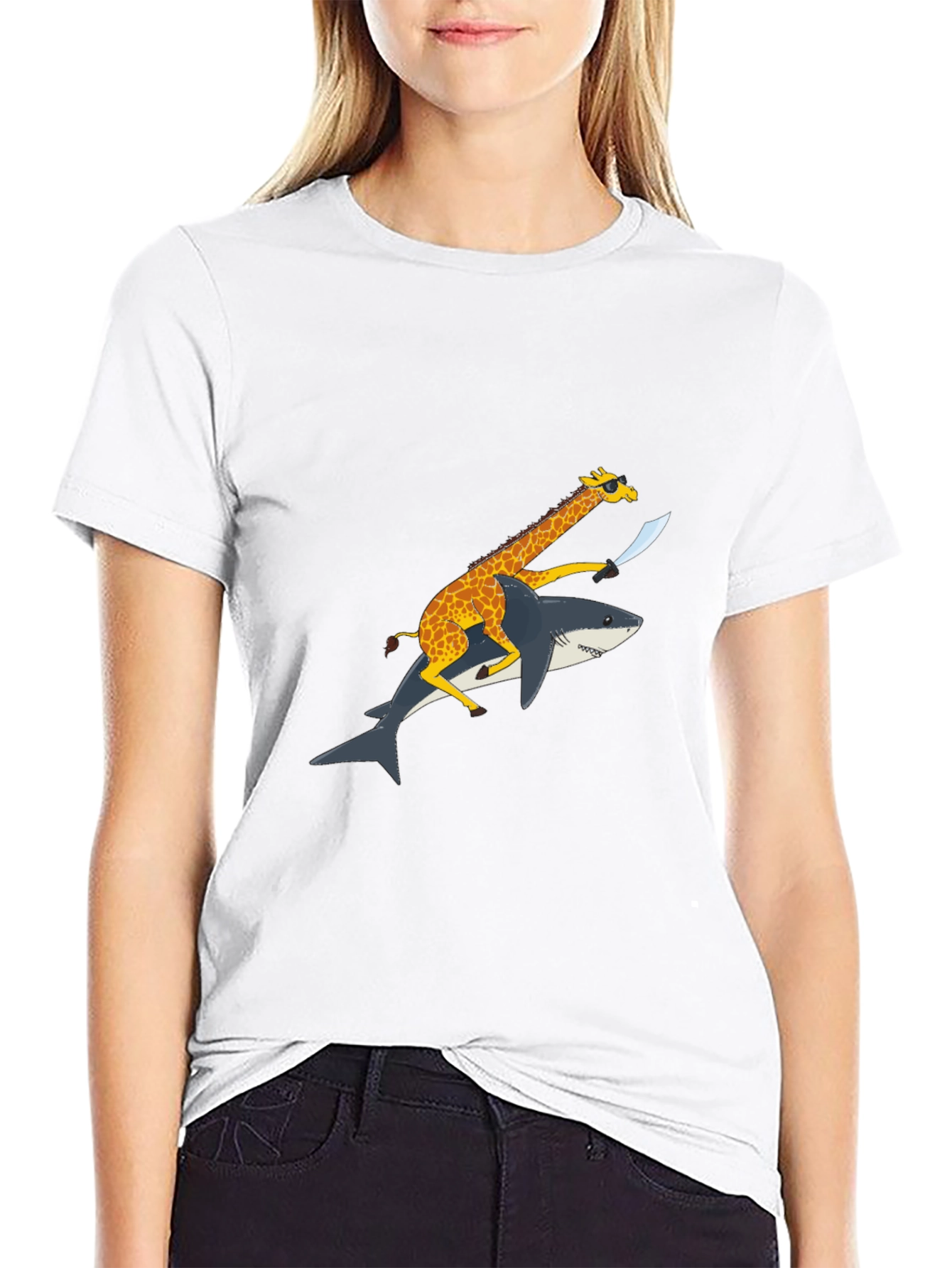 Black Giraffe Riding Shark Graphic Tee - Funny Animal Shirt view 9