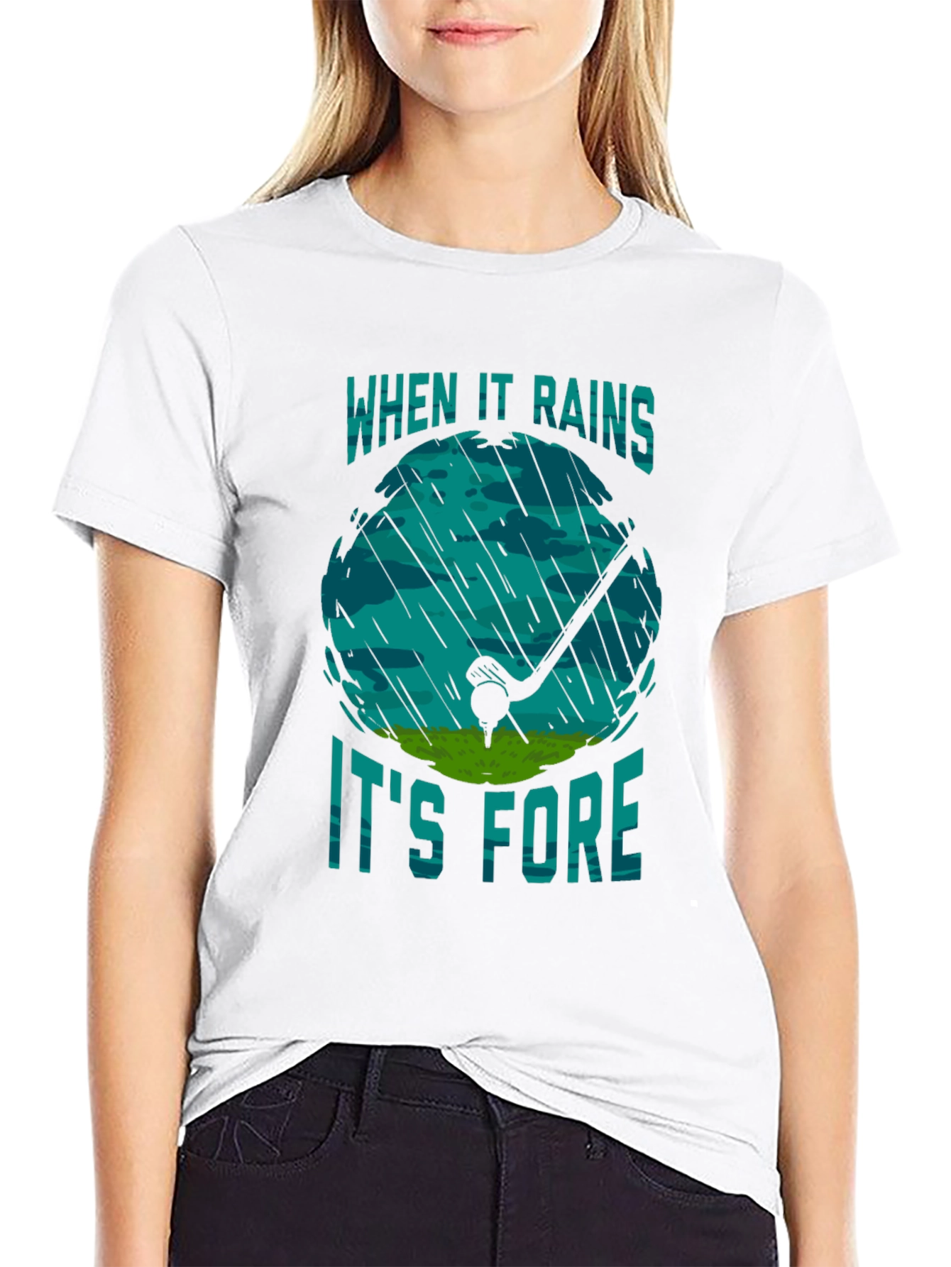 Black Funny Golf Rain T-Shirt - When It Rains It's Fore view 9