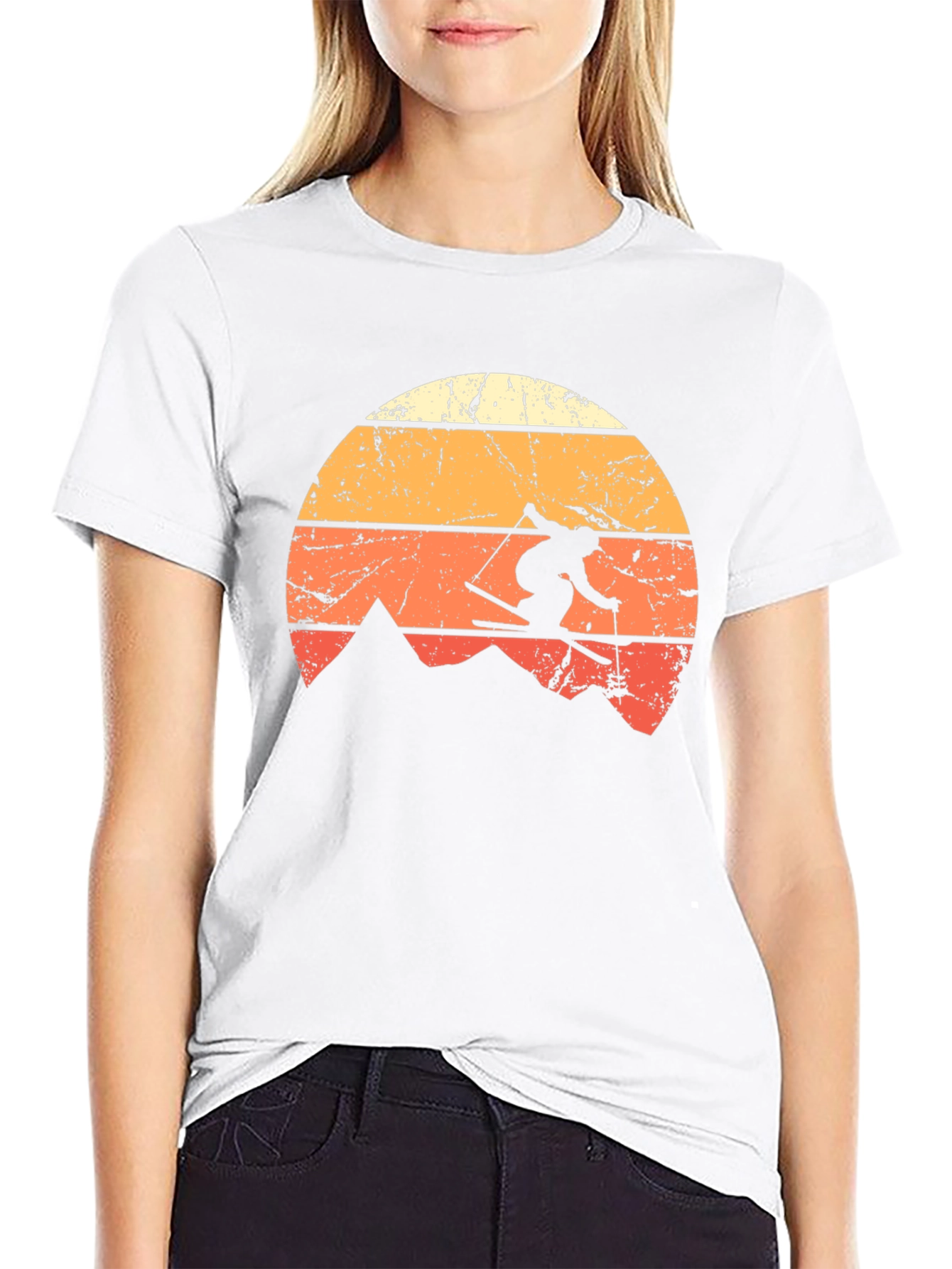 Black Retro Skiing T-Shirt - Vintage Mountain Sunset Design view 9