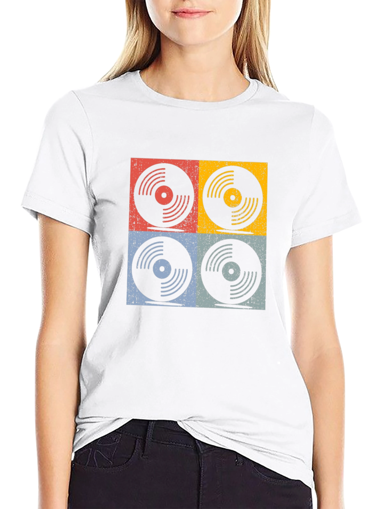 Black Retro Vinyl Record Graphic T-Shirt - Four Panel Design view 9