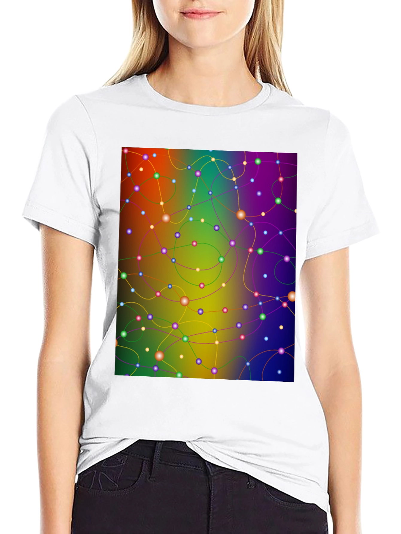 Black Abstract Network Tee - Colorful Connection Shirt view 9