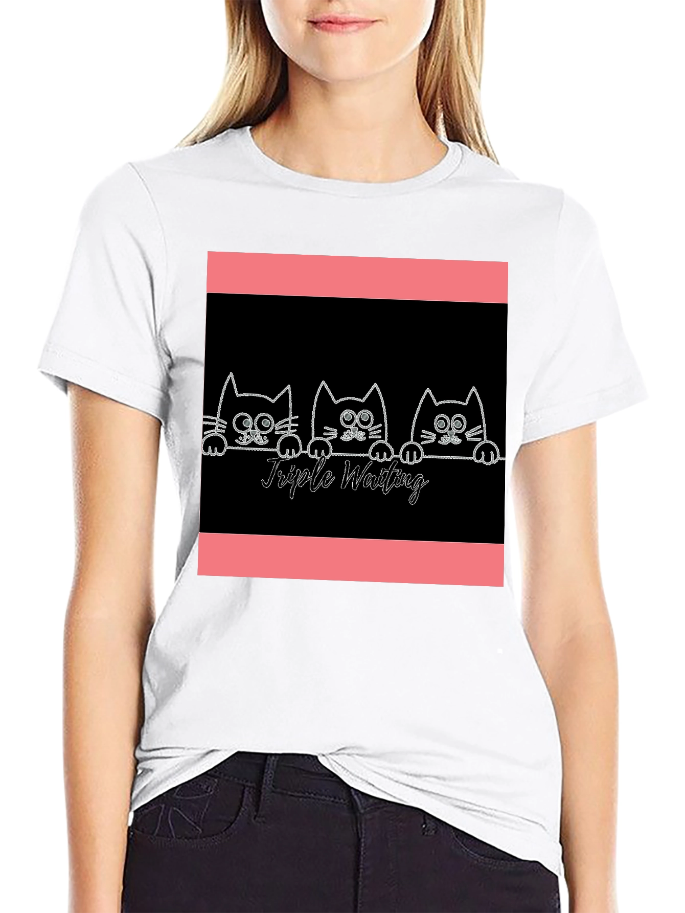 Black Triple Waiting Cats Graphic Tee - Soft Black Cotton T-Shirt view 9