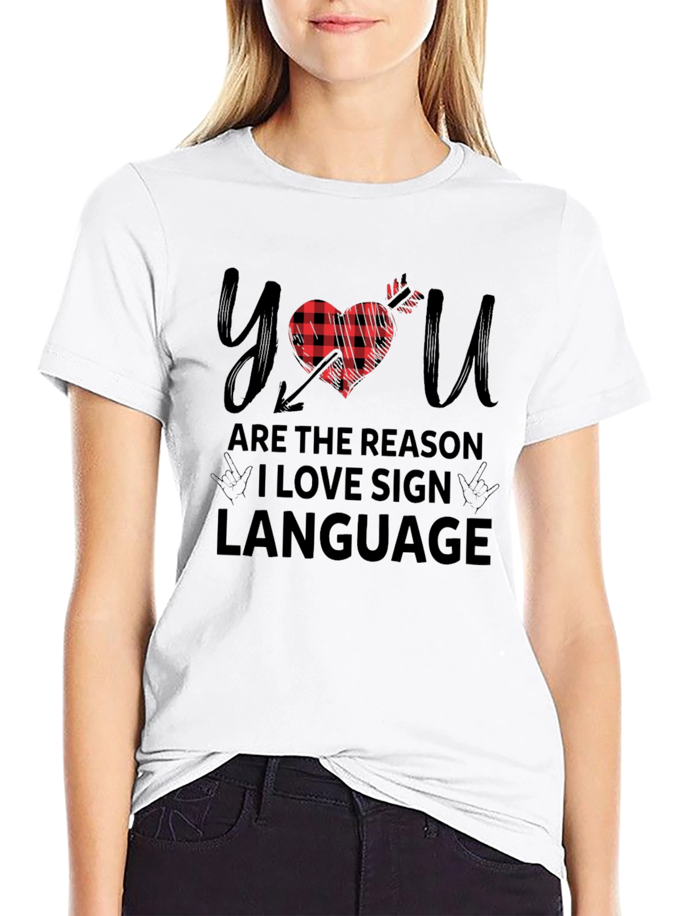 Black You Are The Reason I Love Sign Language Buffalo Plaid Heart Arrow T-Shirt view 9