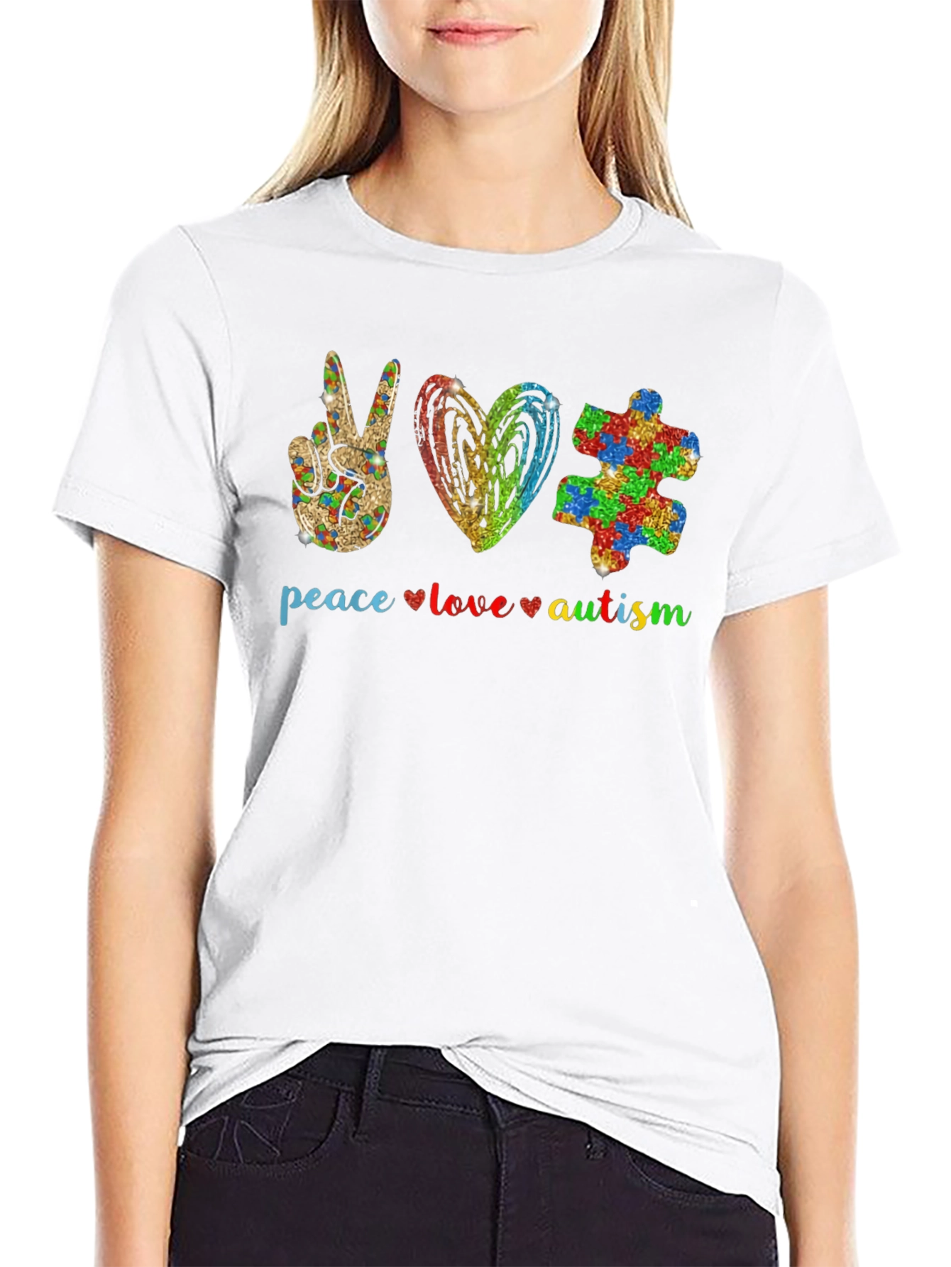 Black Peace Love Autism T-Shirt view 9