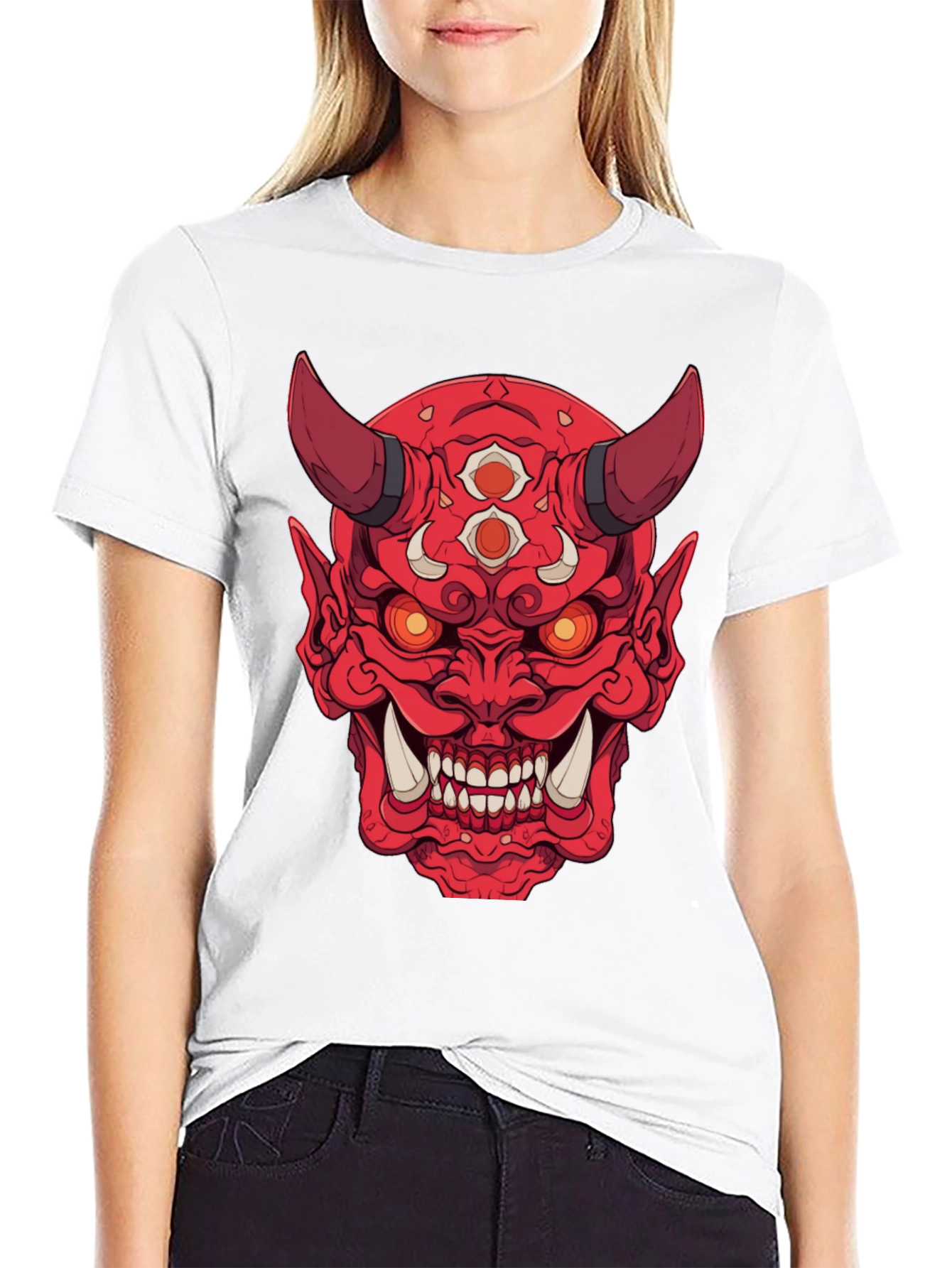 Black Red Oni Demon Graphic Print Black T-Shirt view 9