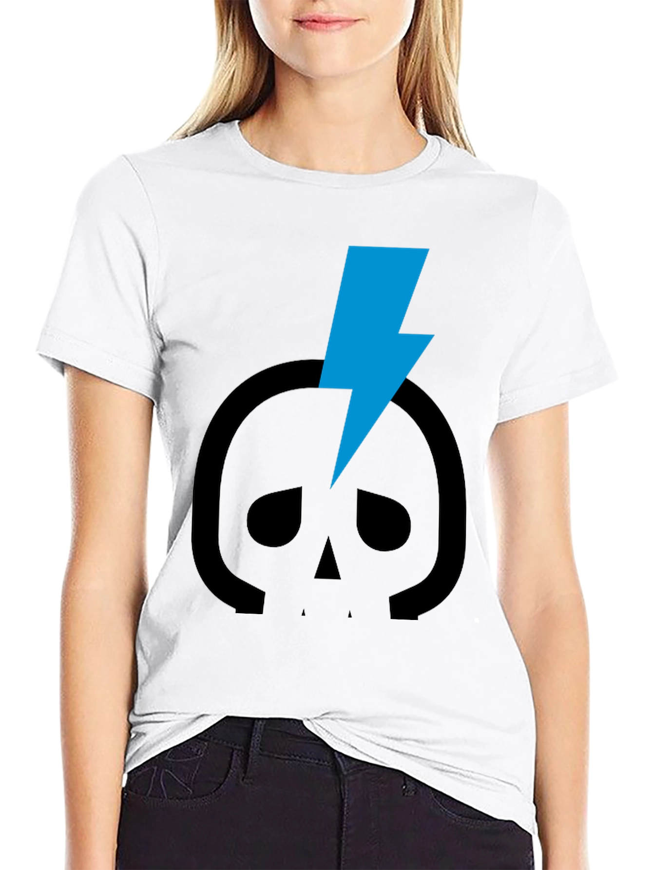 Black Skull Lightning Bolt Graphic Tee - Black Cotton T-Shirt view 9