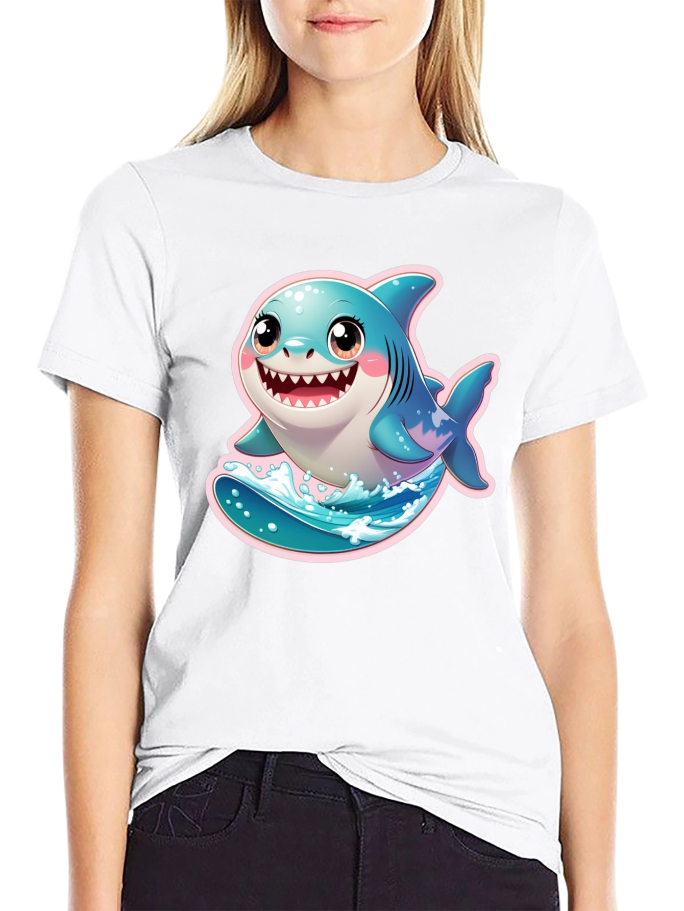 Black Cute Cartoon Shark Graphic Black T-Shirt view 9