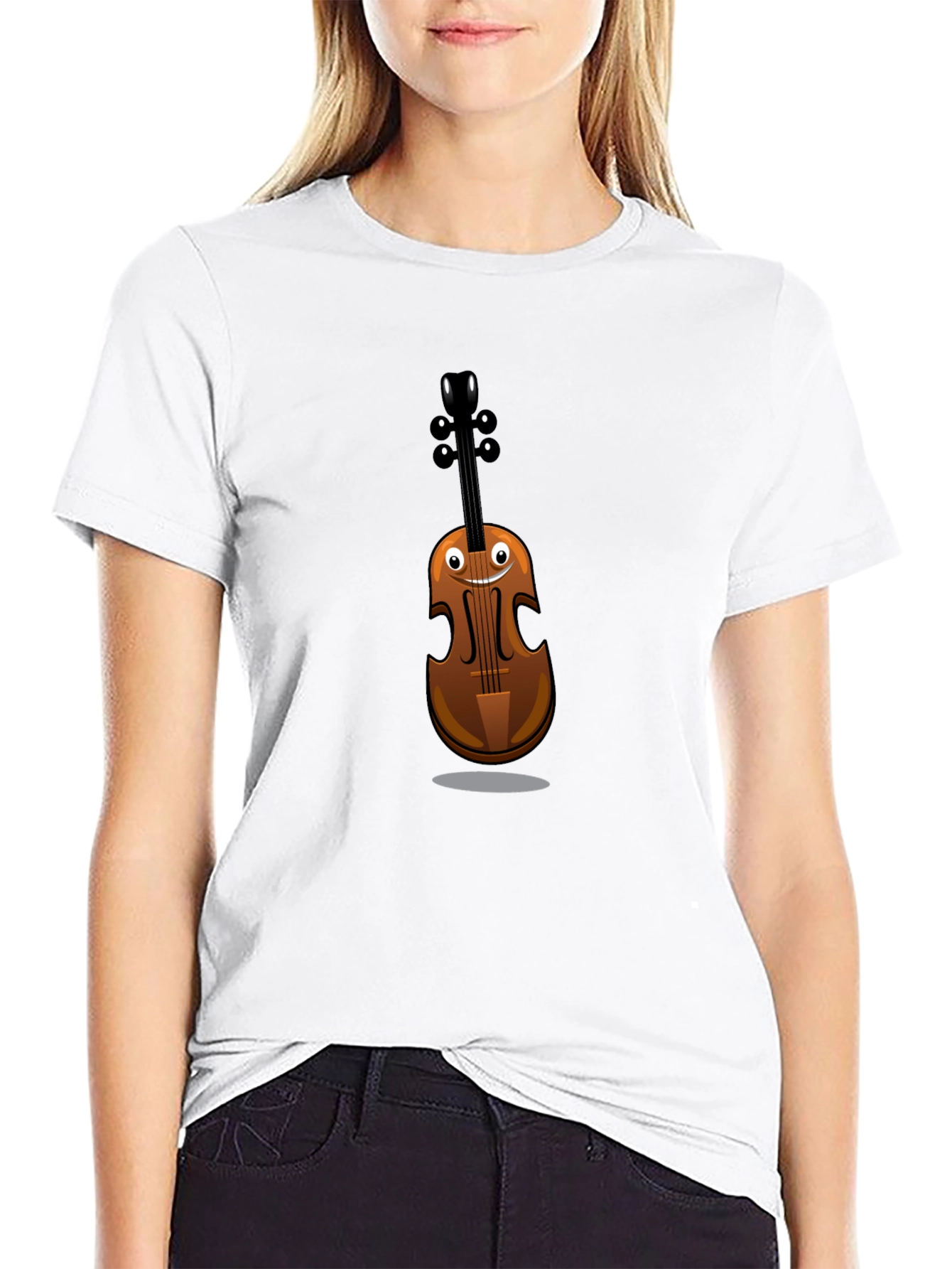 Black Funny Cartoon Violin Graphic Tee - Black Cotton Shirt view 9
