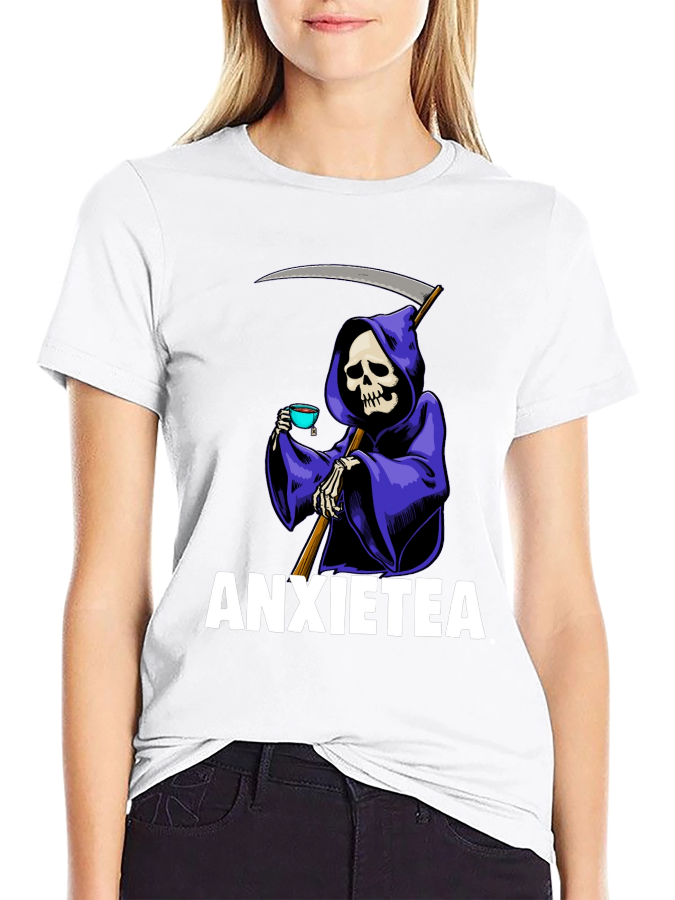 Black Anxietea Graphic T-Shirt - Grim Reaper Tea Time view 9