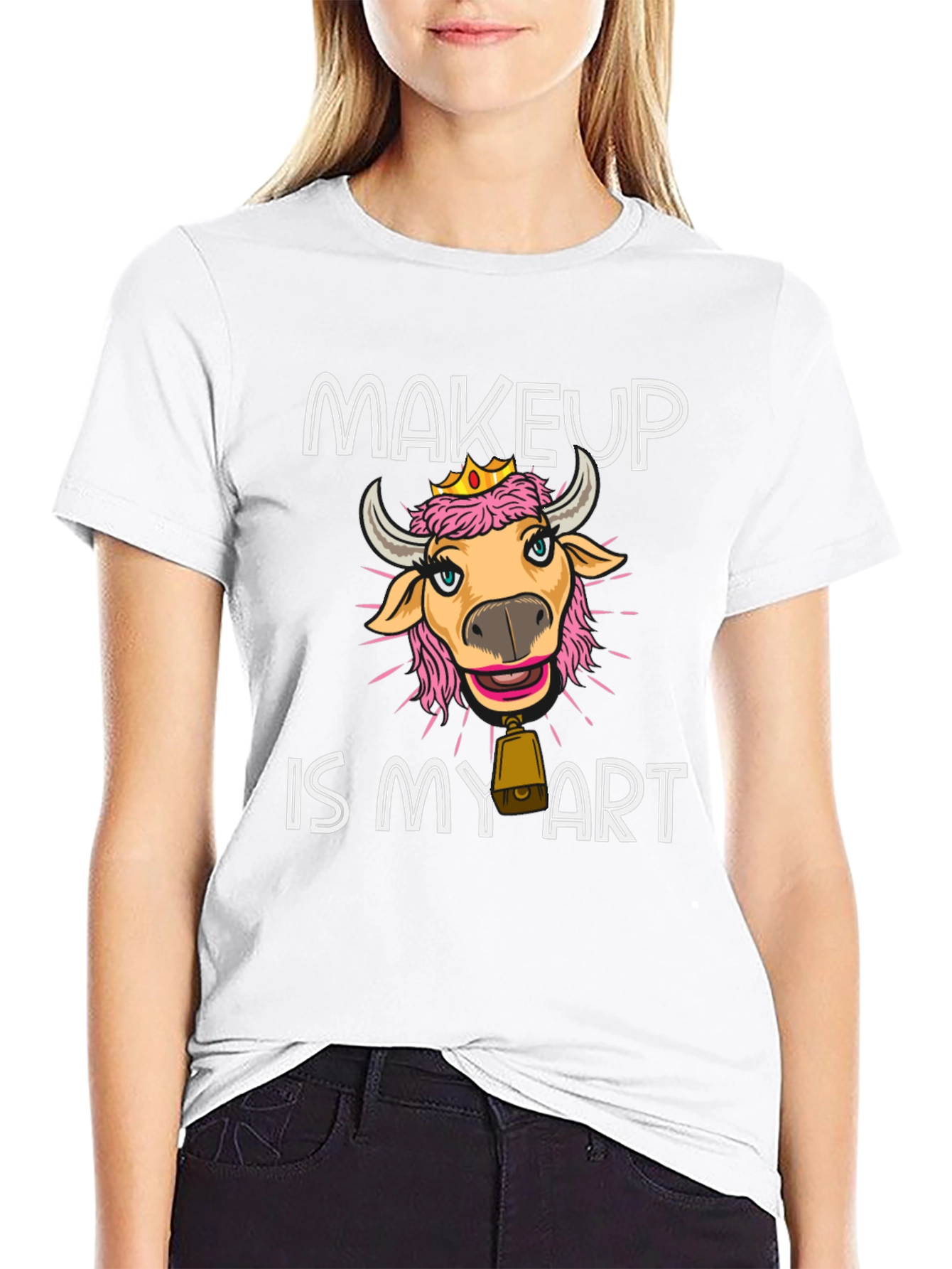 Black Makeup Cow Art T-Shirt Funny Graphic Tee view 9