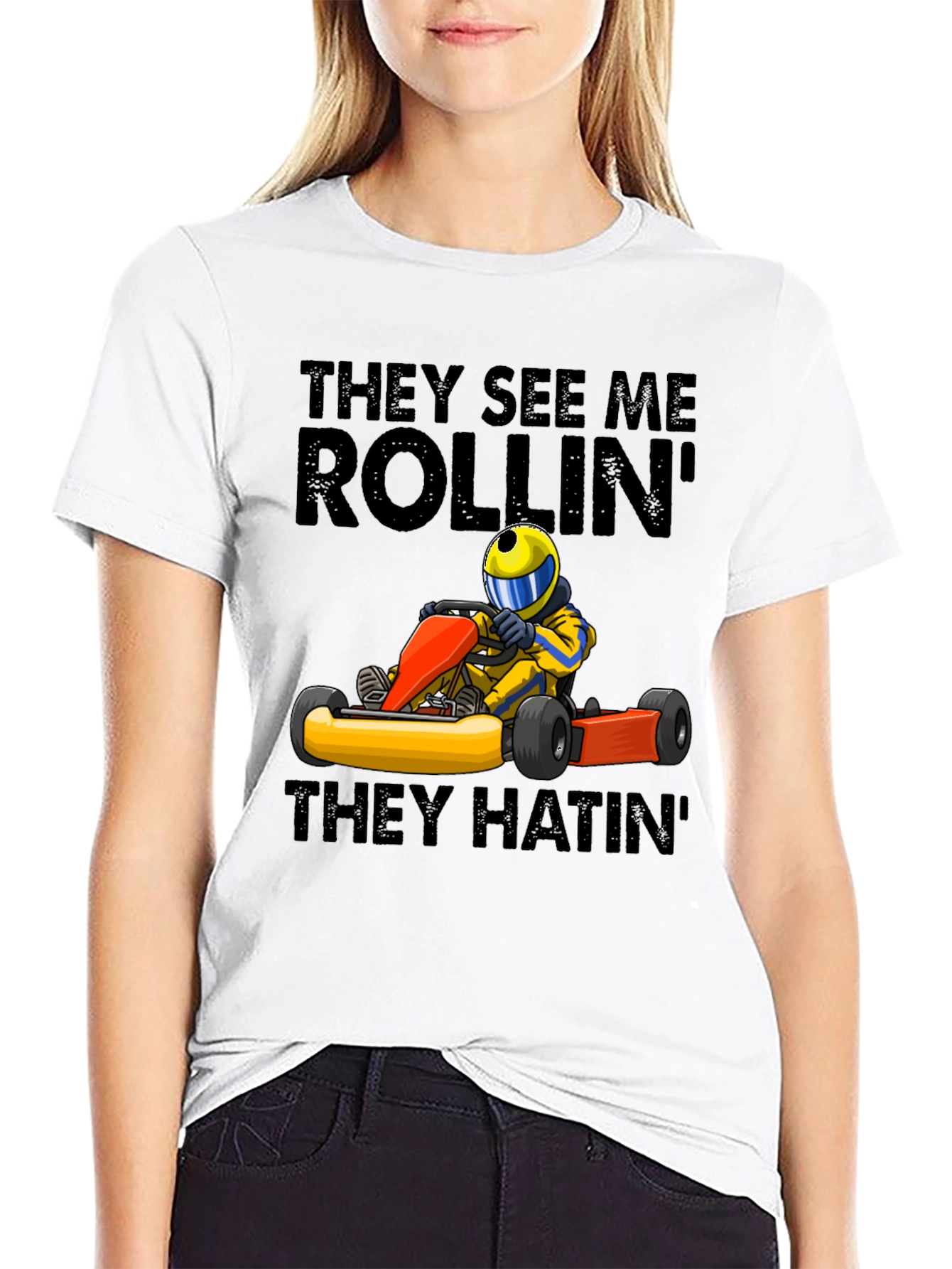 Black They See Me Rollin' T-Shirt - Funny Kart Racing Tee view 9