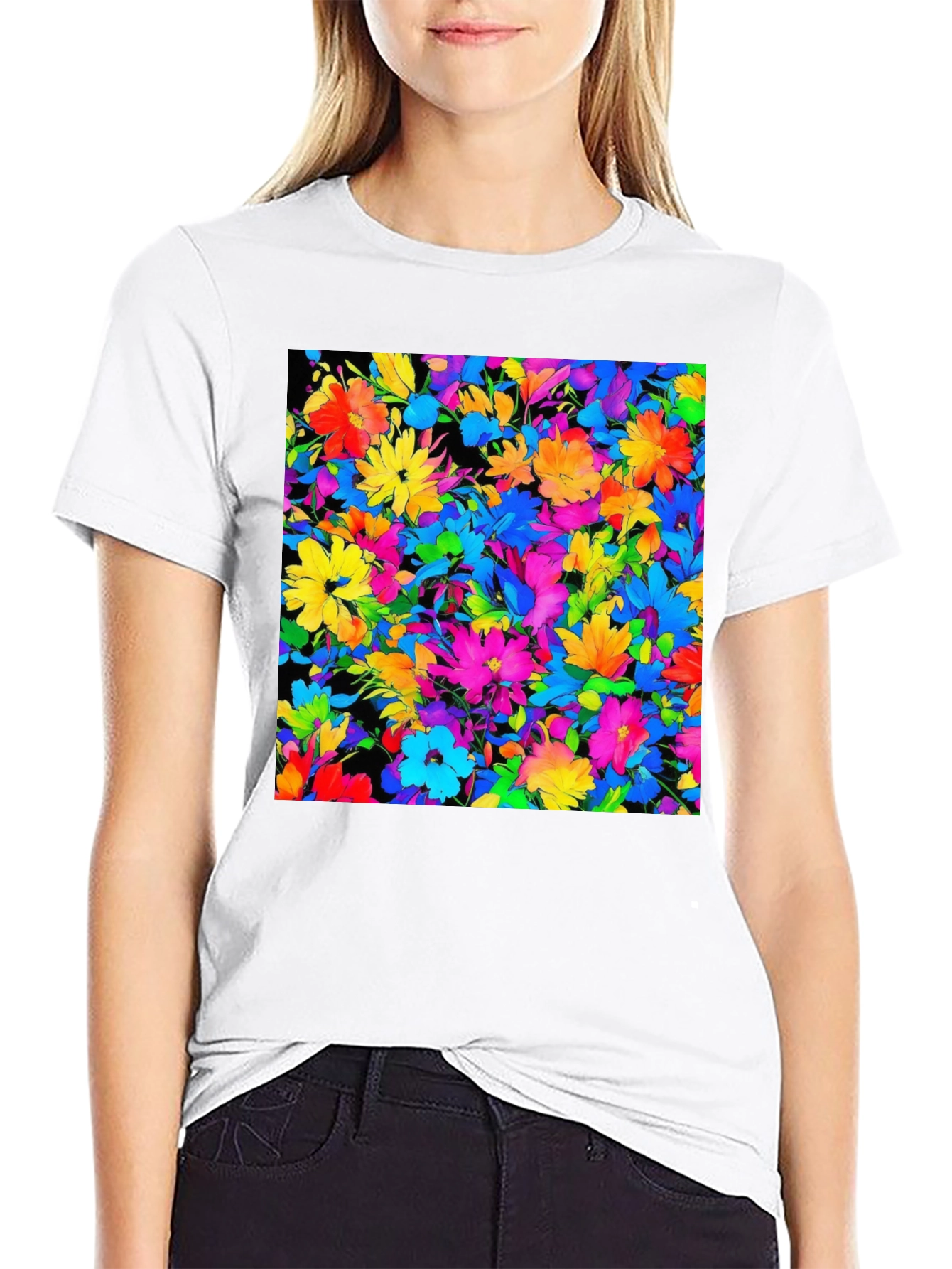 Black Colorful Floral Print Men's Black T-Shirt view 9