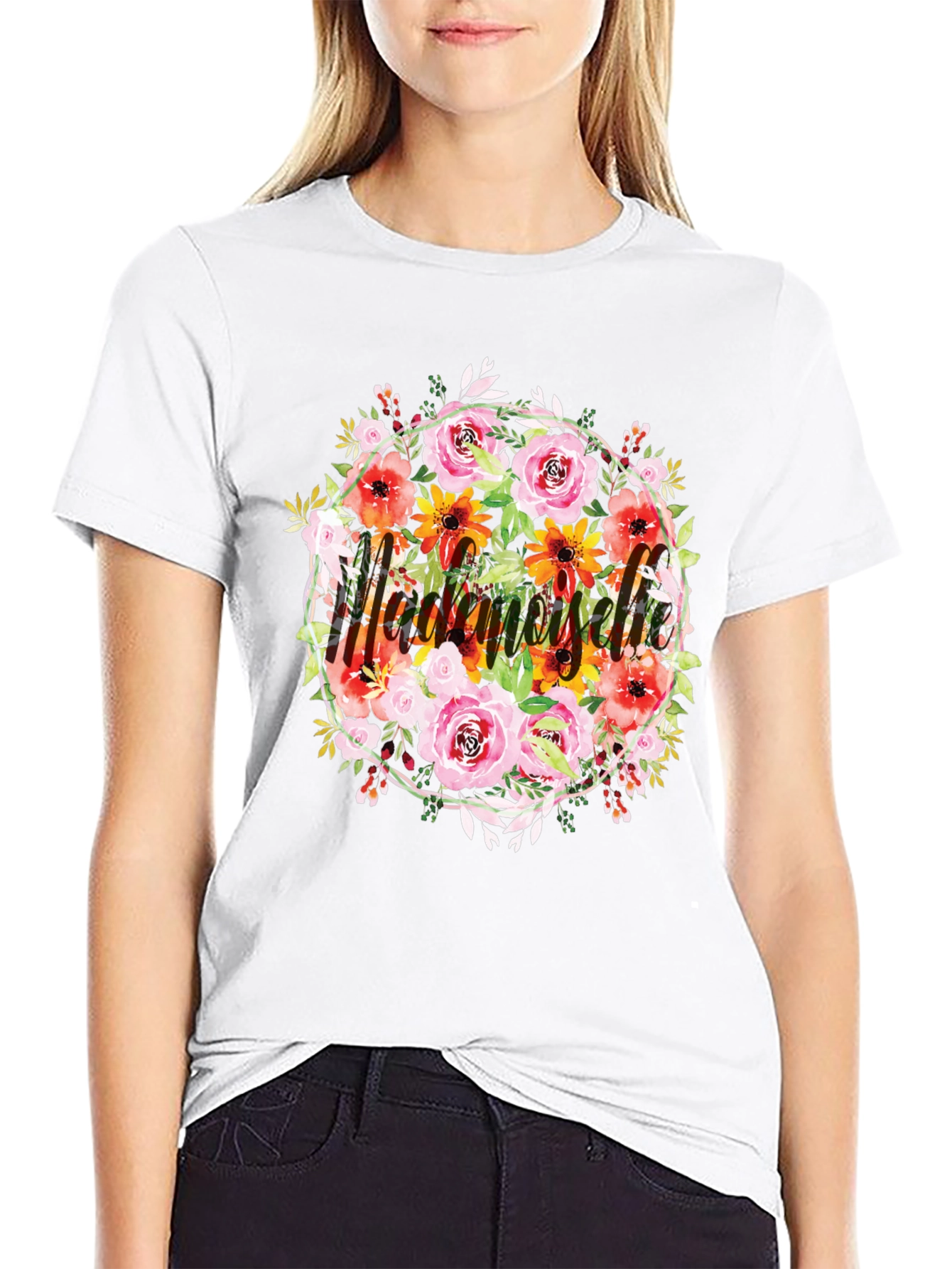 Black Floral Mademoiselle T-Shirt - Stylish Black Tee view 9