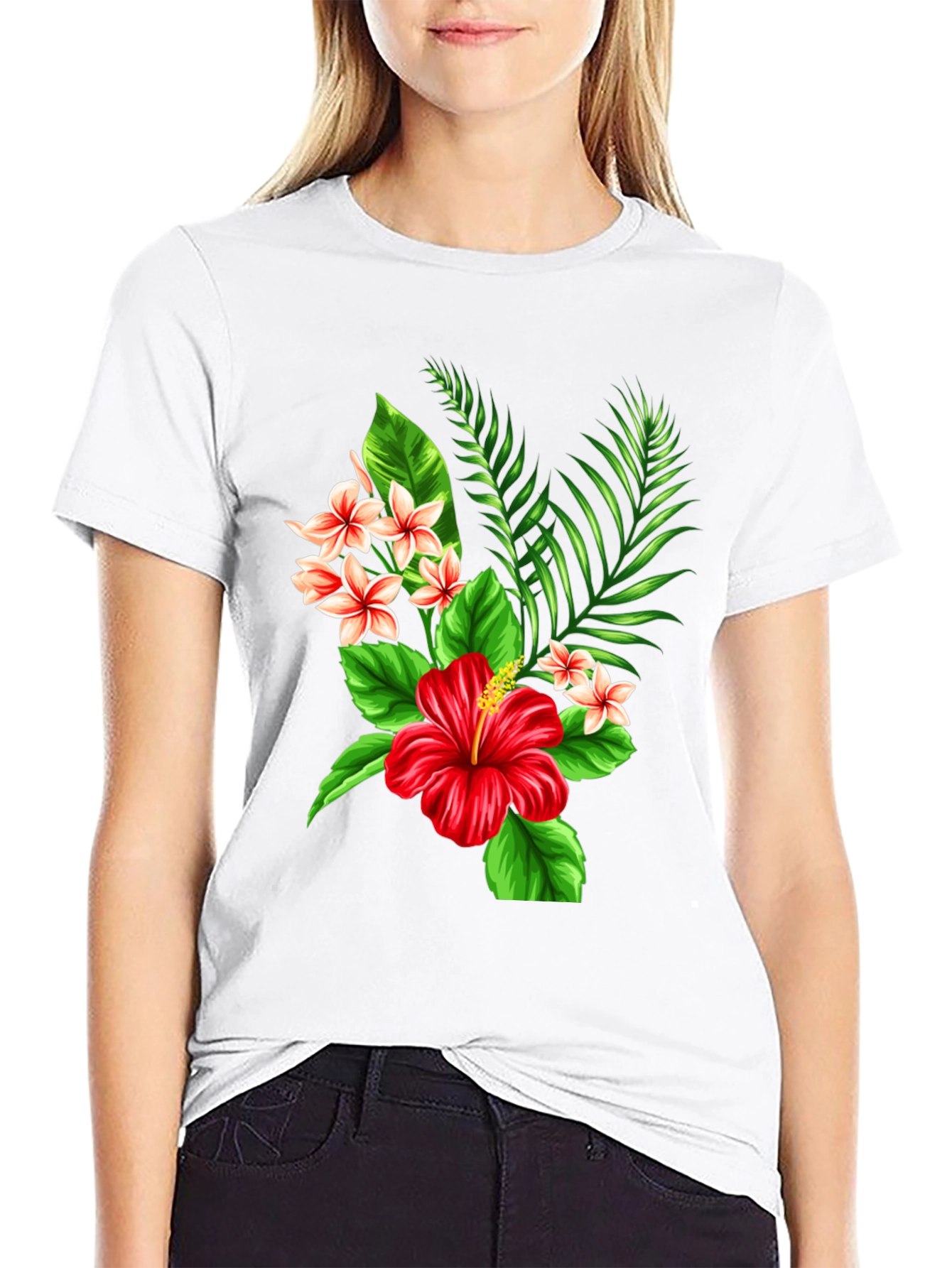 Black Tropical Floral T-Shirt - Red Hibiscus & Plumeria Design view 9