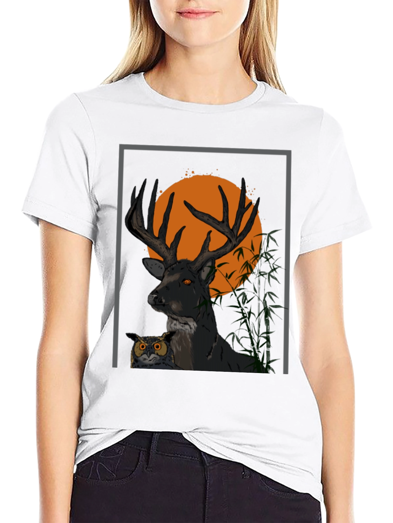 Black Deer & Owl Graphic Tee - Nature Inspired Men's Shirt view 9