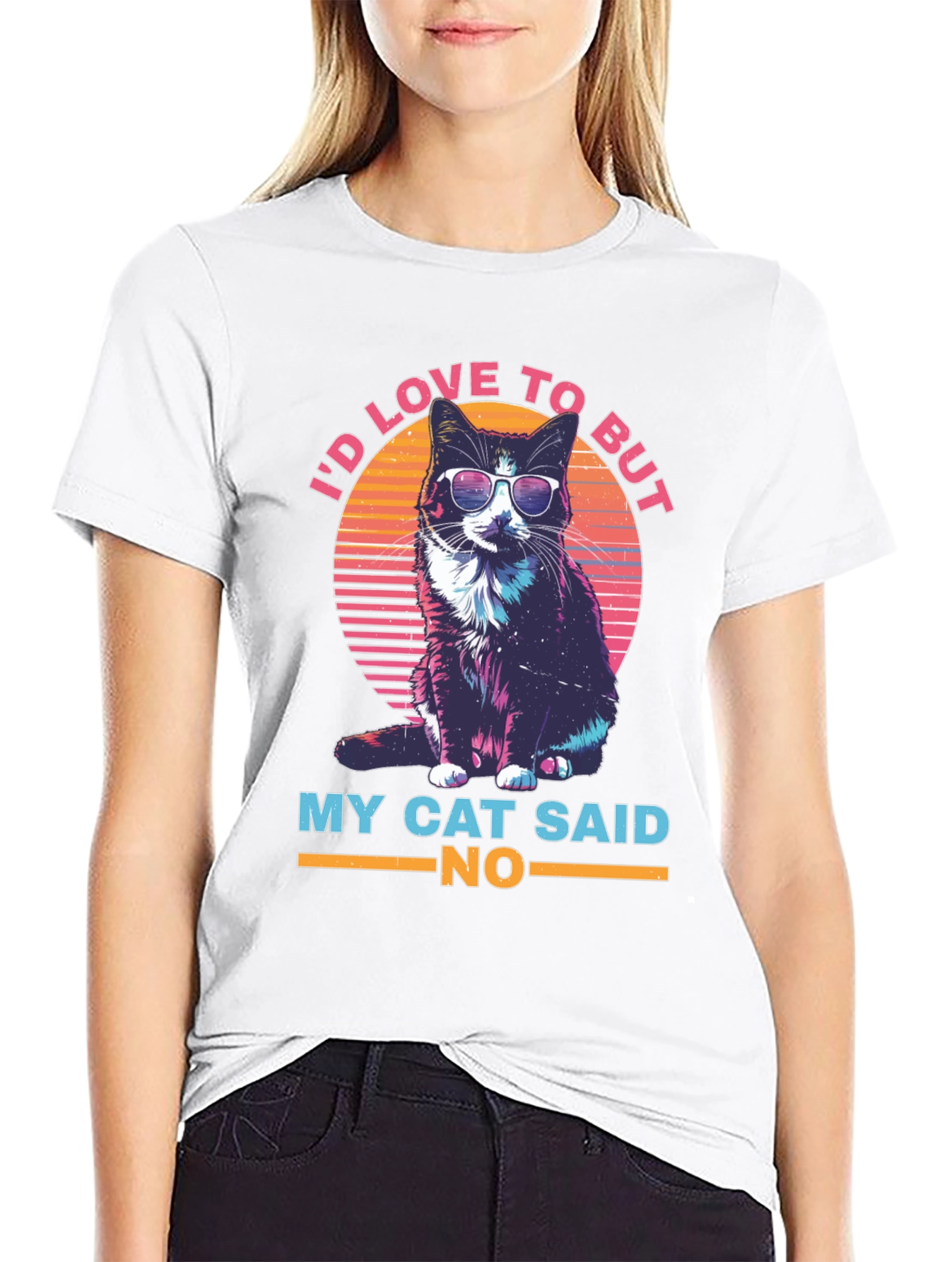 Black Cool Cat T-Shirt - I'd Love To But My Cat Said No view 9