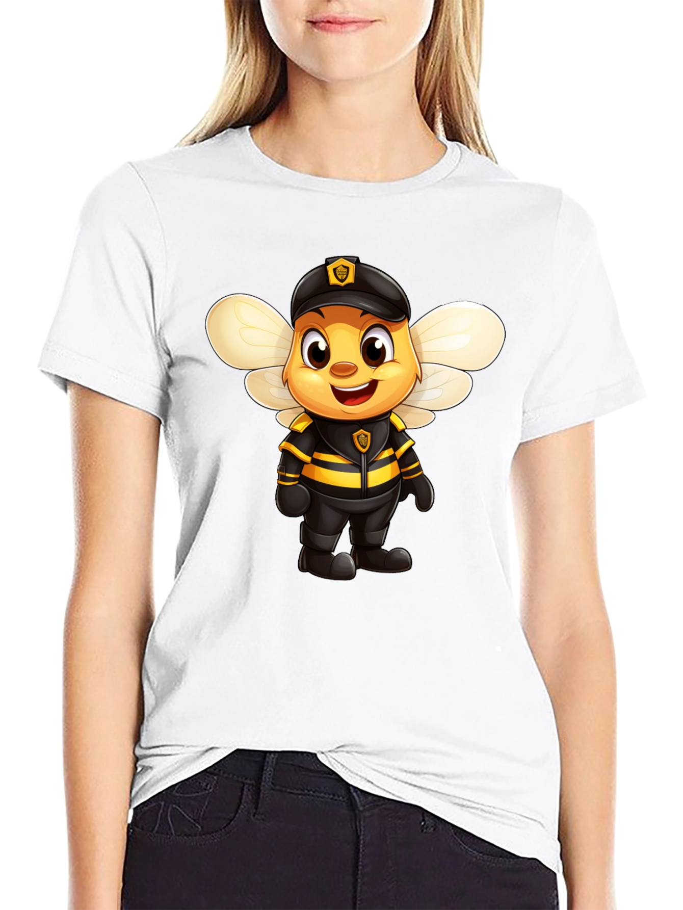 Black Cartoon Bee Police Officer Graphic Tee view 9