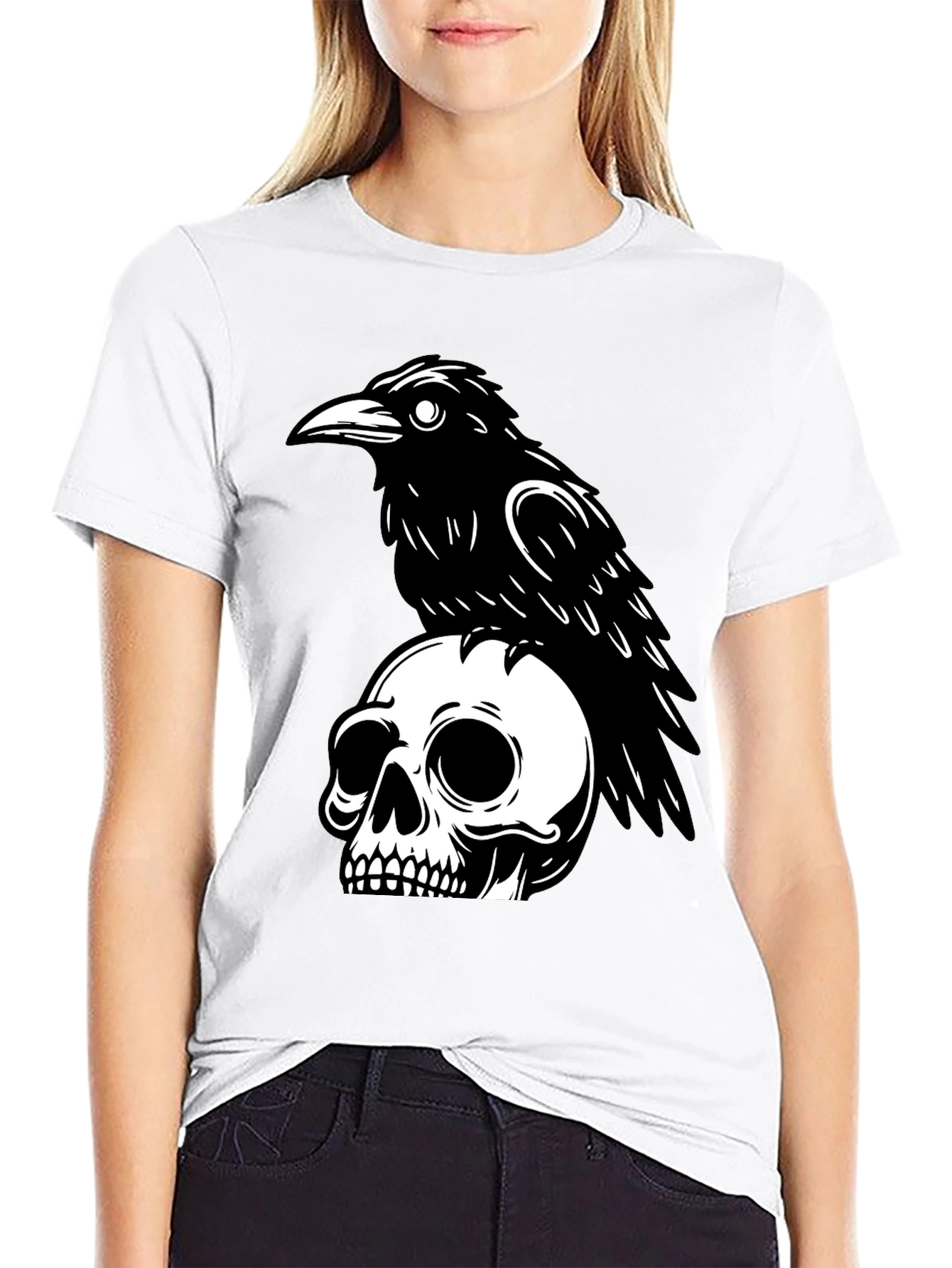 Black Raven on Skull Graphic T-Shirt - Black view 9