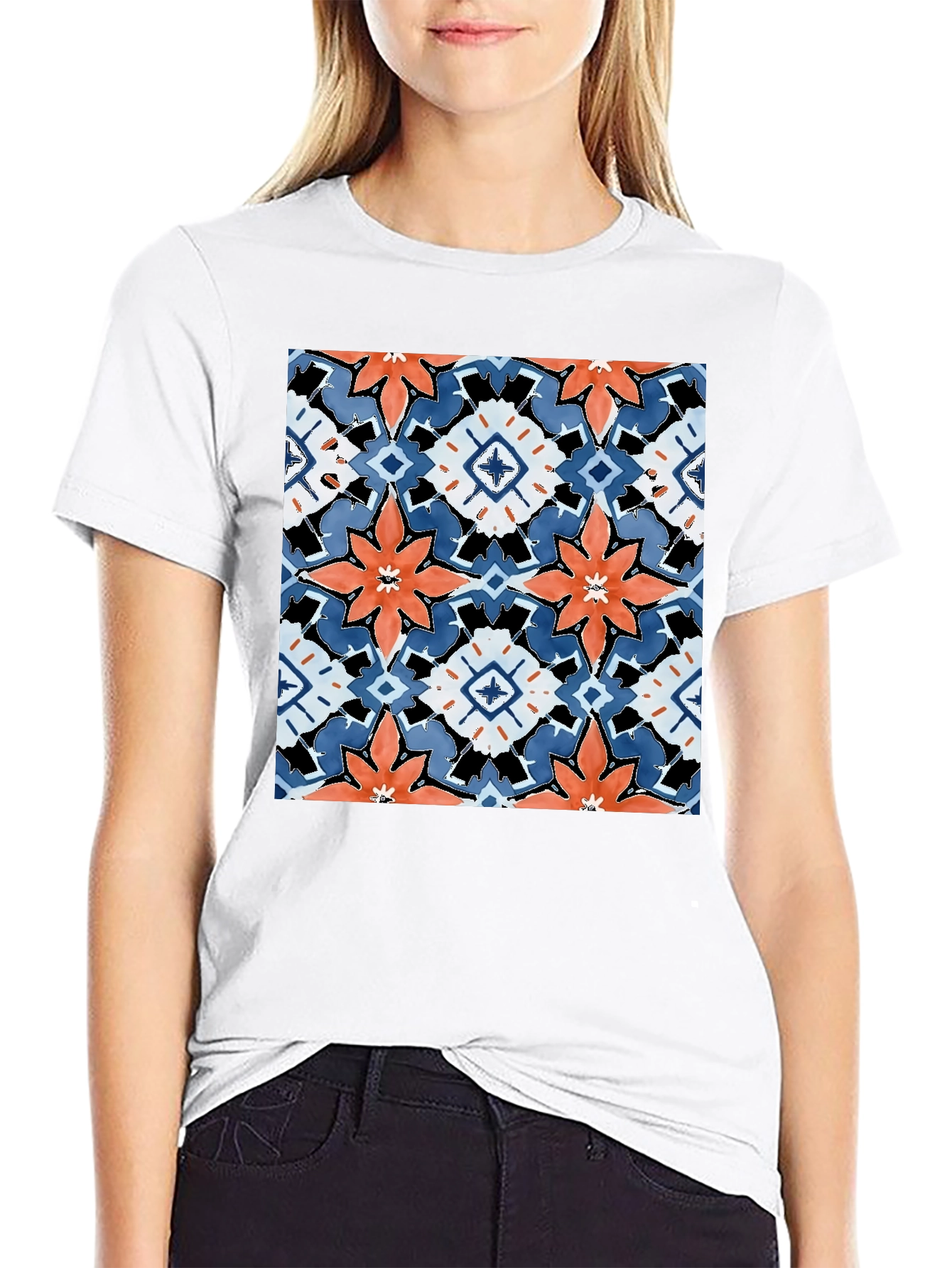 Black Black T-Shirt with Bold Floral Tile Design view 9