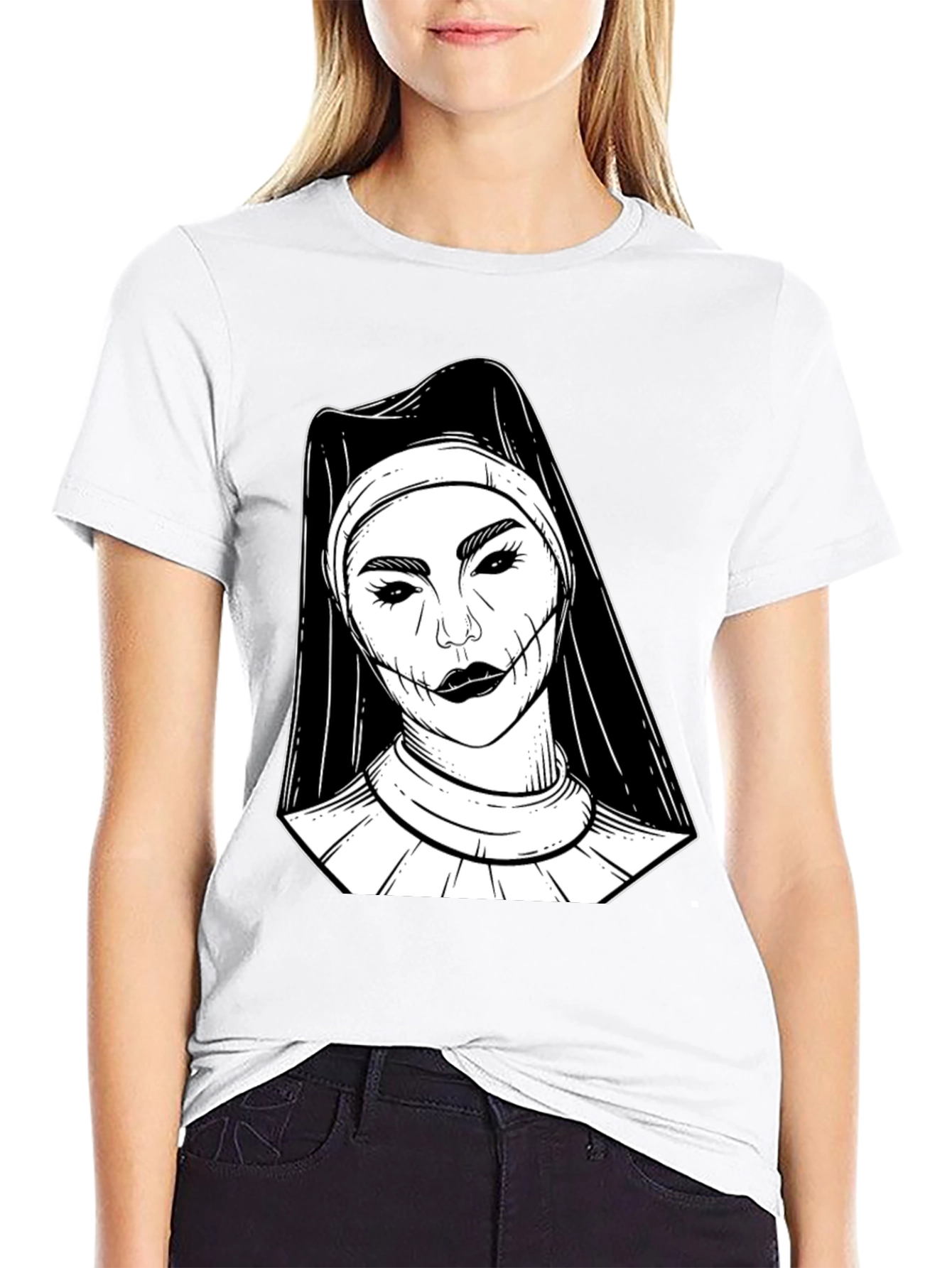 Black Creepy Nun Graphic Tee - Black Cotton Blend Shirt view 9