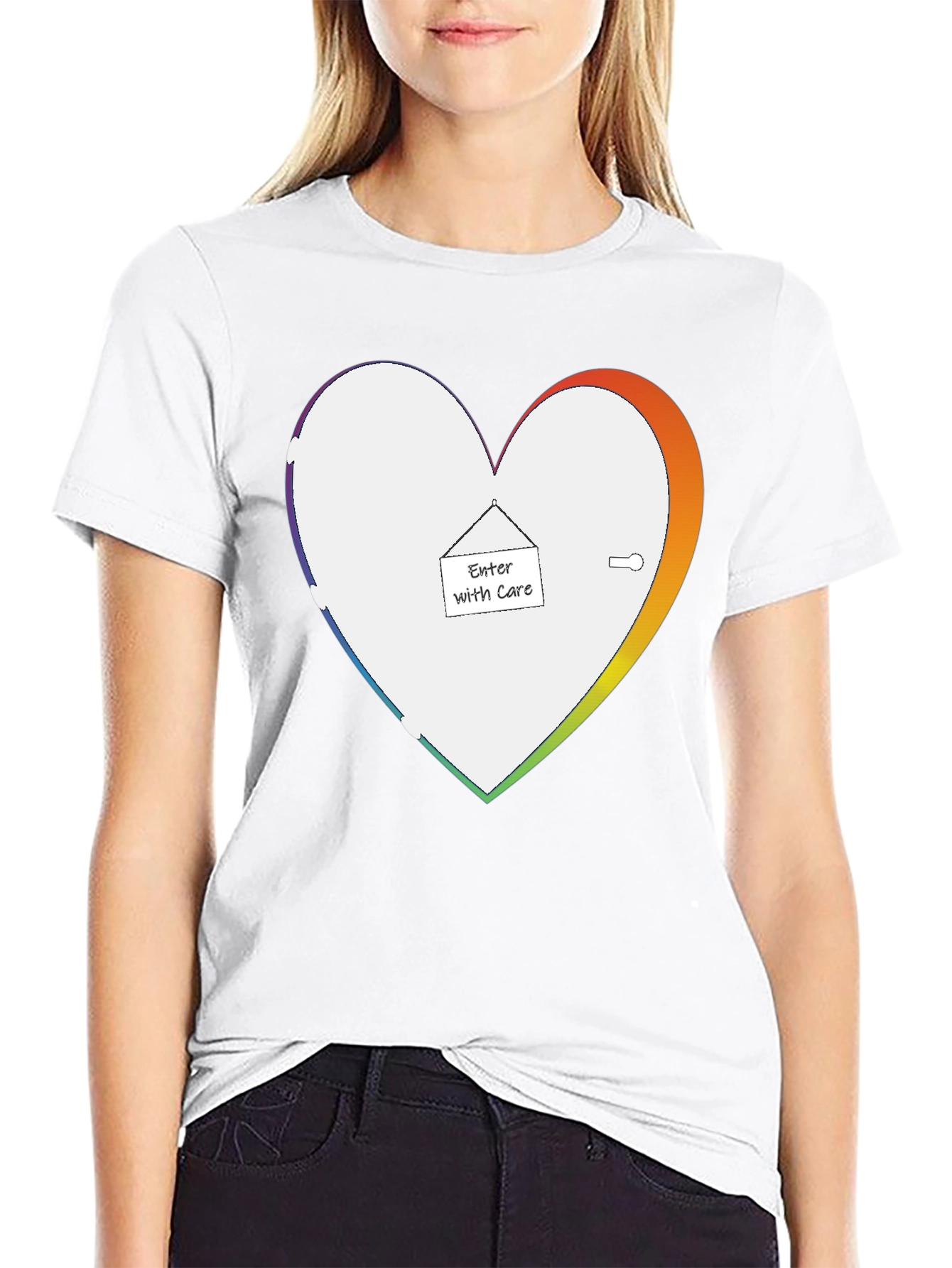 Enter With Care Rainbow Heart Graphic Tee - Black - 9