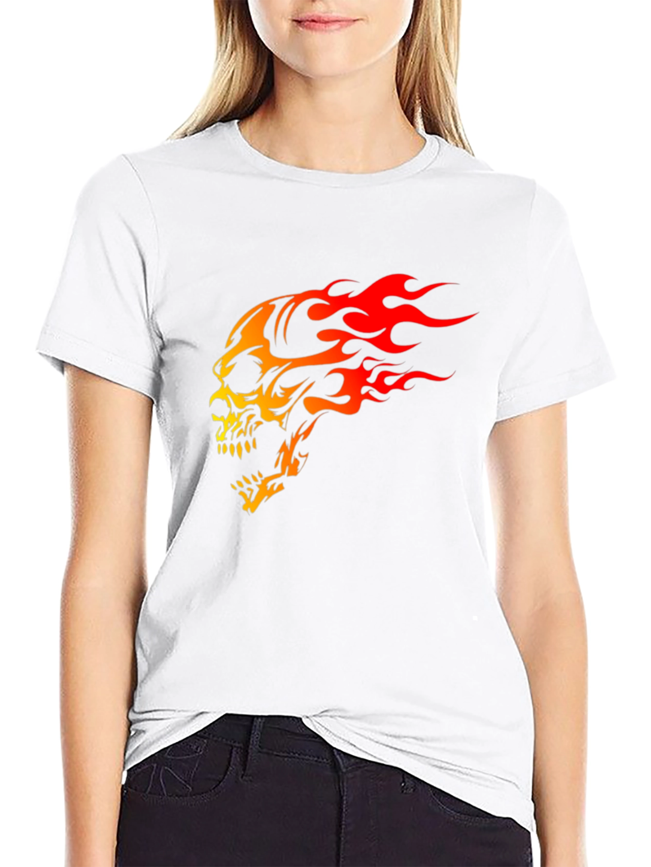 Black Flaming Skull Graphic Print Black T-Shirt view 9