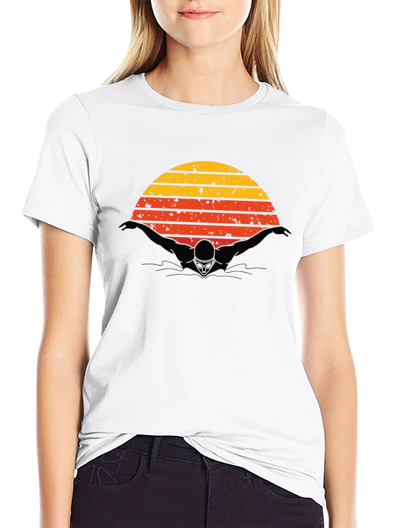 Black Vintage Sunset Swimmer Black T-Shirt view 9