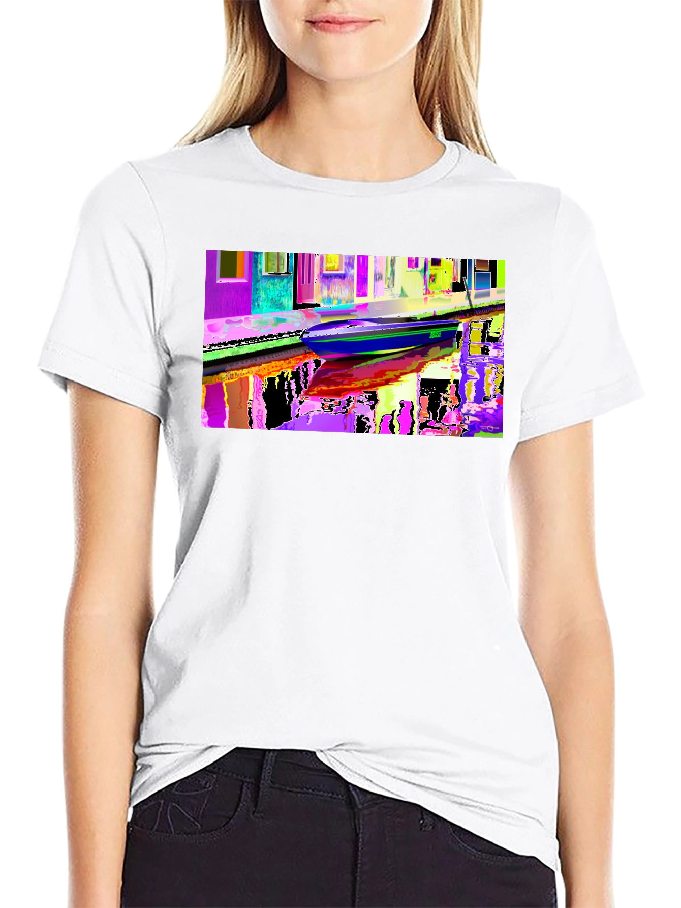Black Colorful Venice Scene Graphic Black T-Shirt view 9