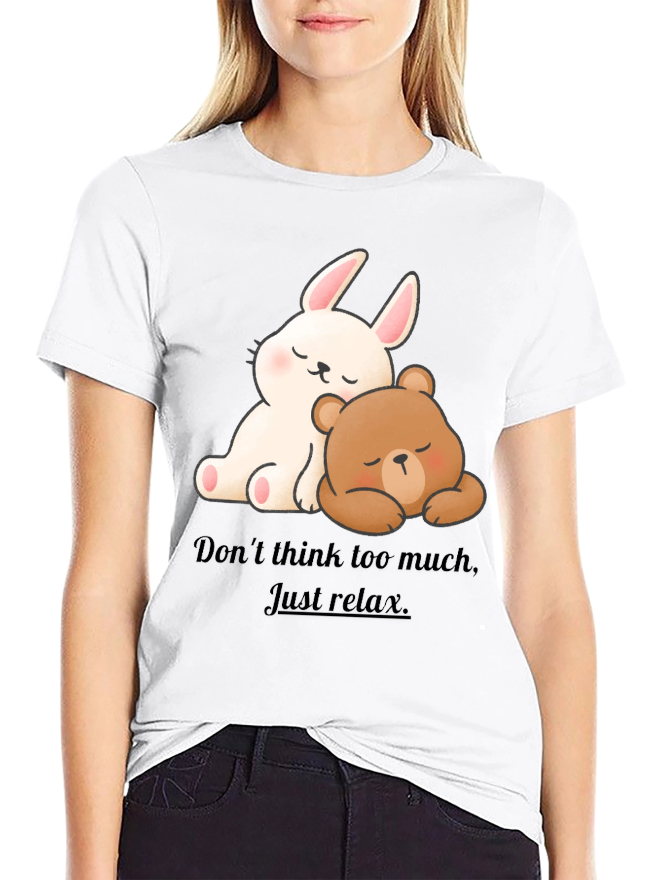 Black Cute Cartoon Bunny & Bear Relax T-Shirt view 9