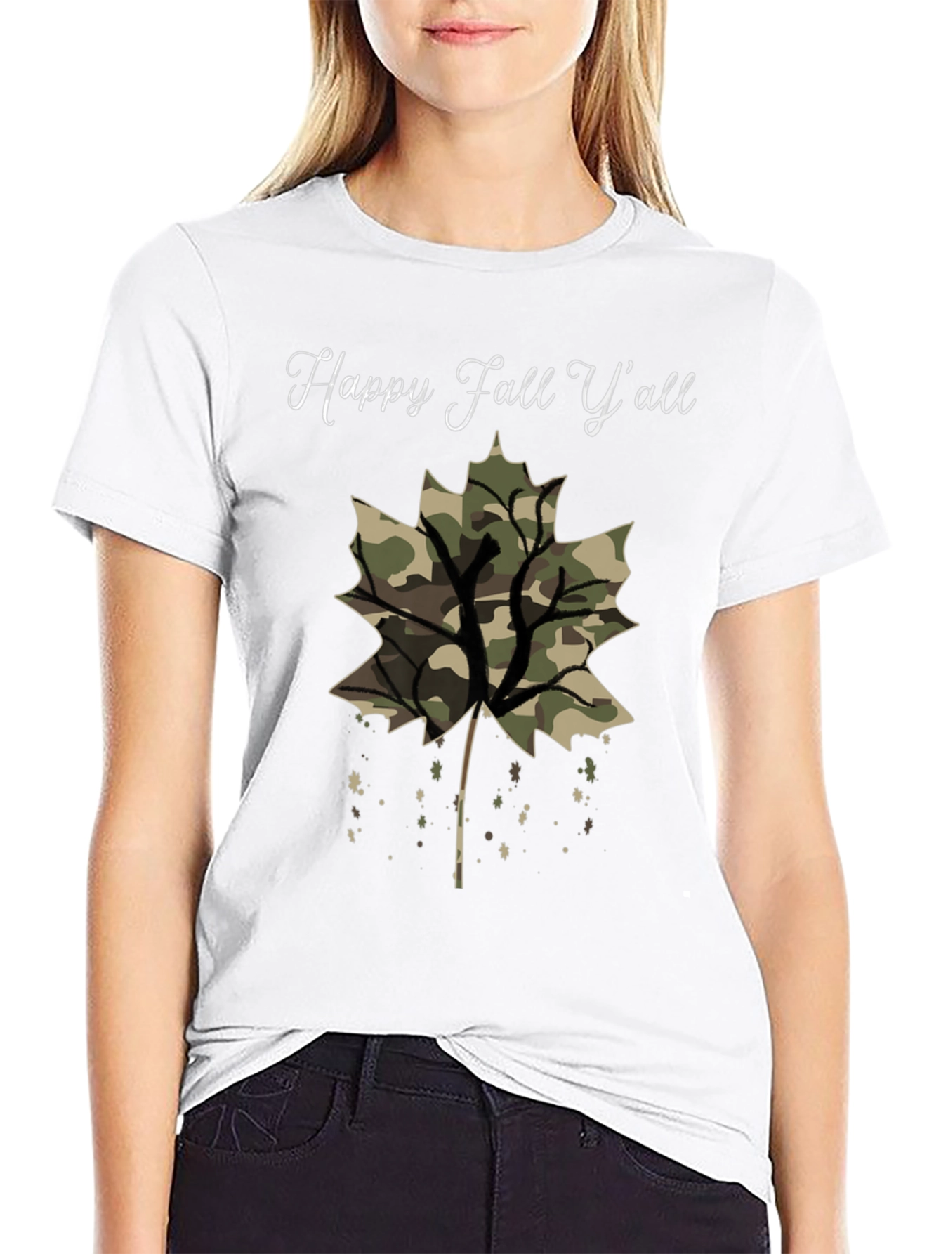 Black Happy Fall Y'all Camo Leaf T-Shirt view 9