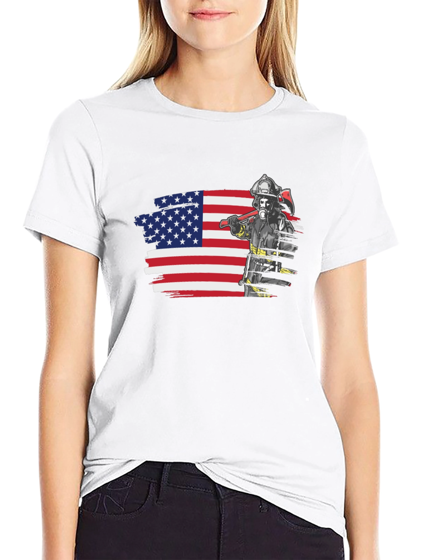 Black Firefighter USA Flag Graphic Tee view 9