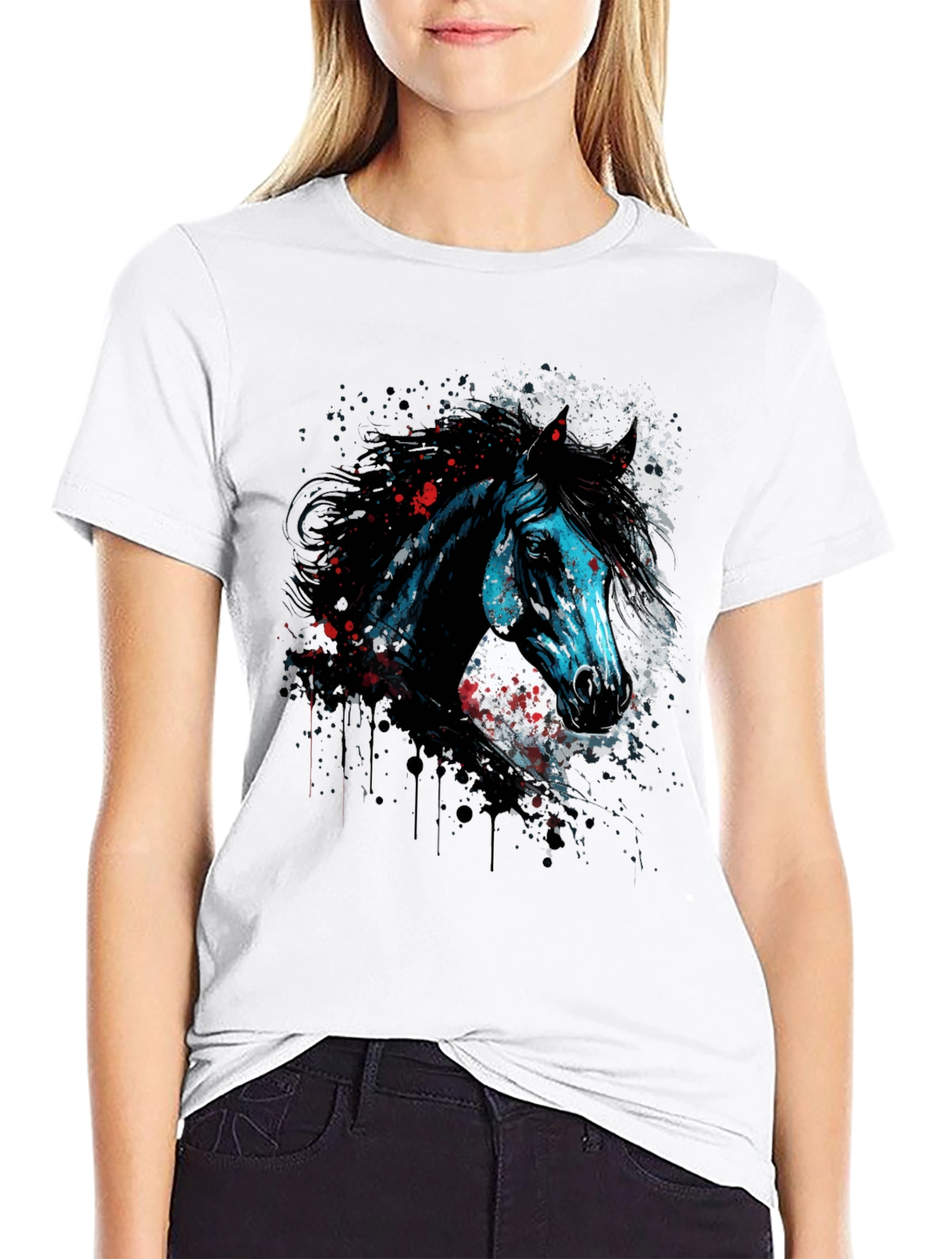 Black Horse Graphic Print T-Shirt, Men's Black Tee view 9