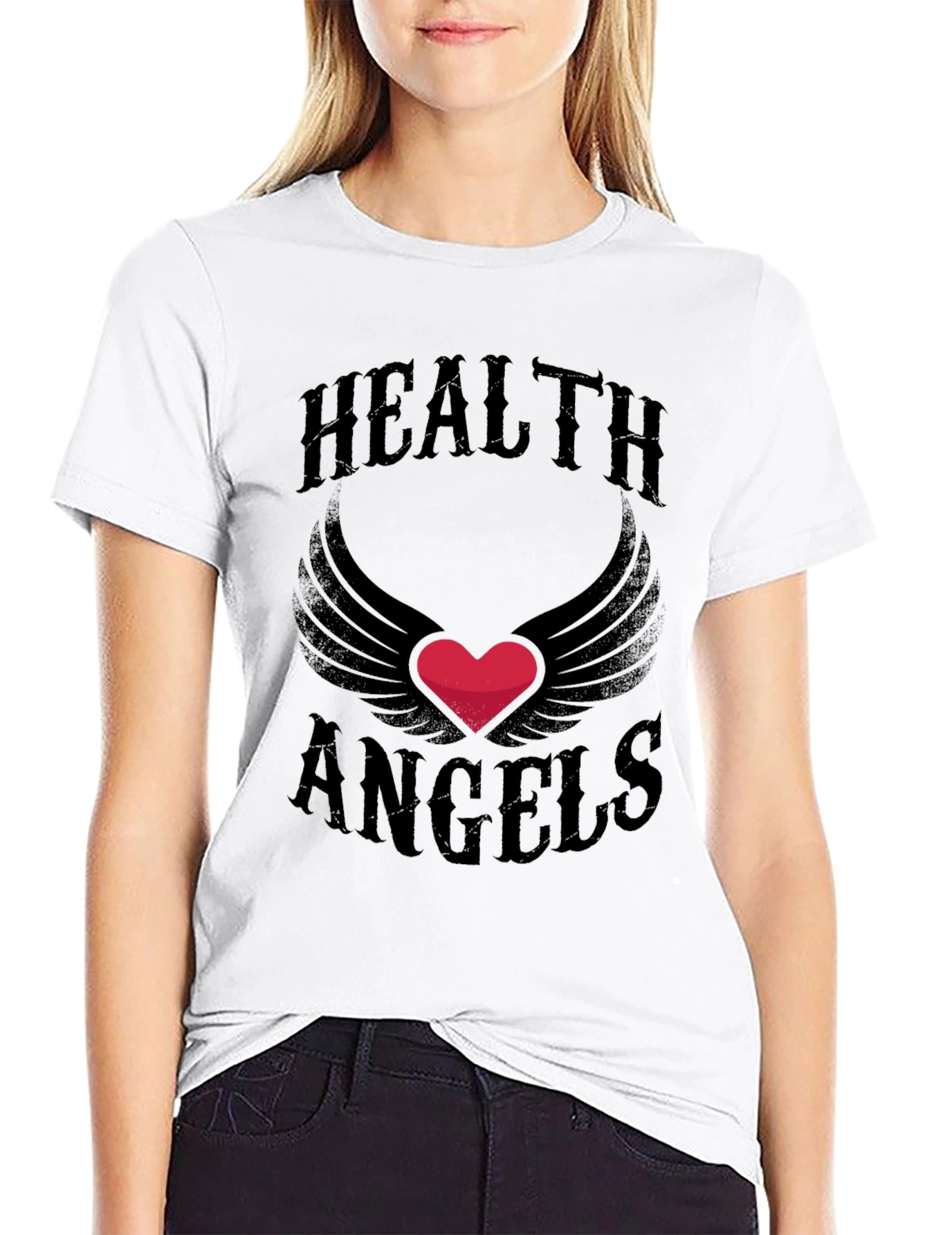 Black Health Angels T-Shirt - Graphic Heart Wings Tee view 9
