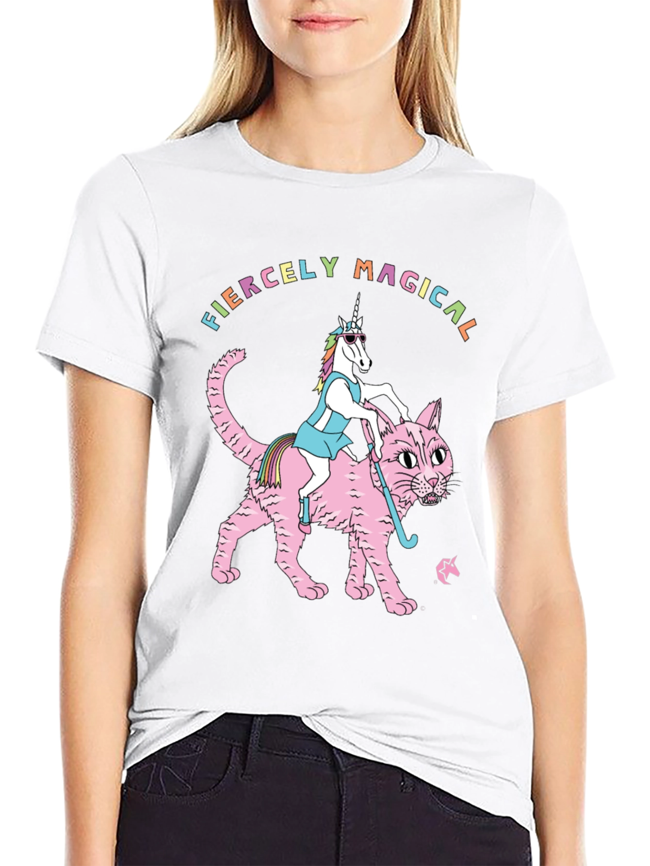 Black Fiercely Magical Unicorn Riding Cat Graphic Tee view 9