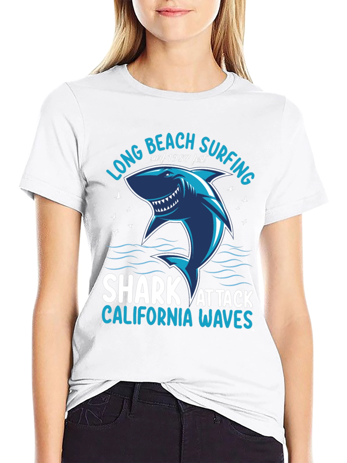 Black Long Beach Surfing Shark Graphic Tee view 9