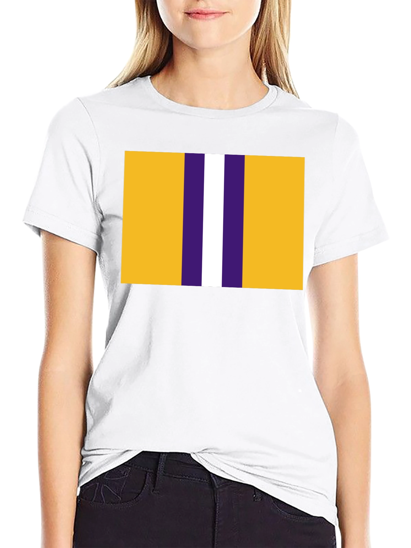 Black Striped Graphic T-Shirt - Gold, Purple, and White Design view 9