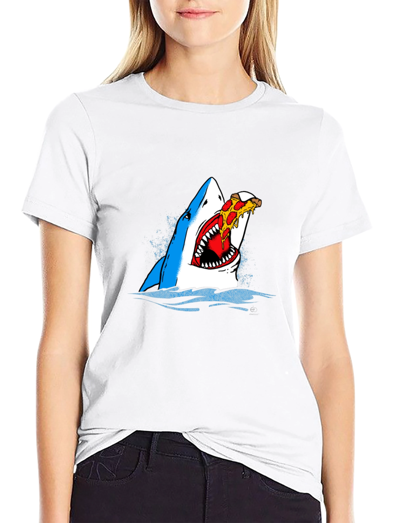 Black Shark Eating Pizza Graphic Tee - Novelty T-Shirt view 9