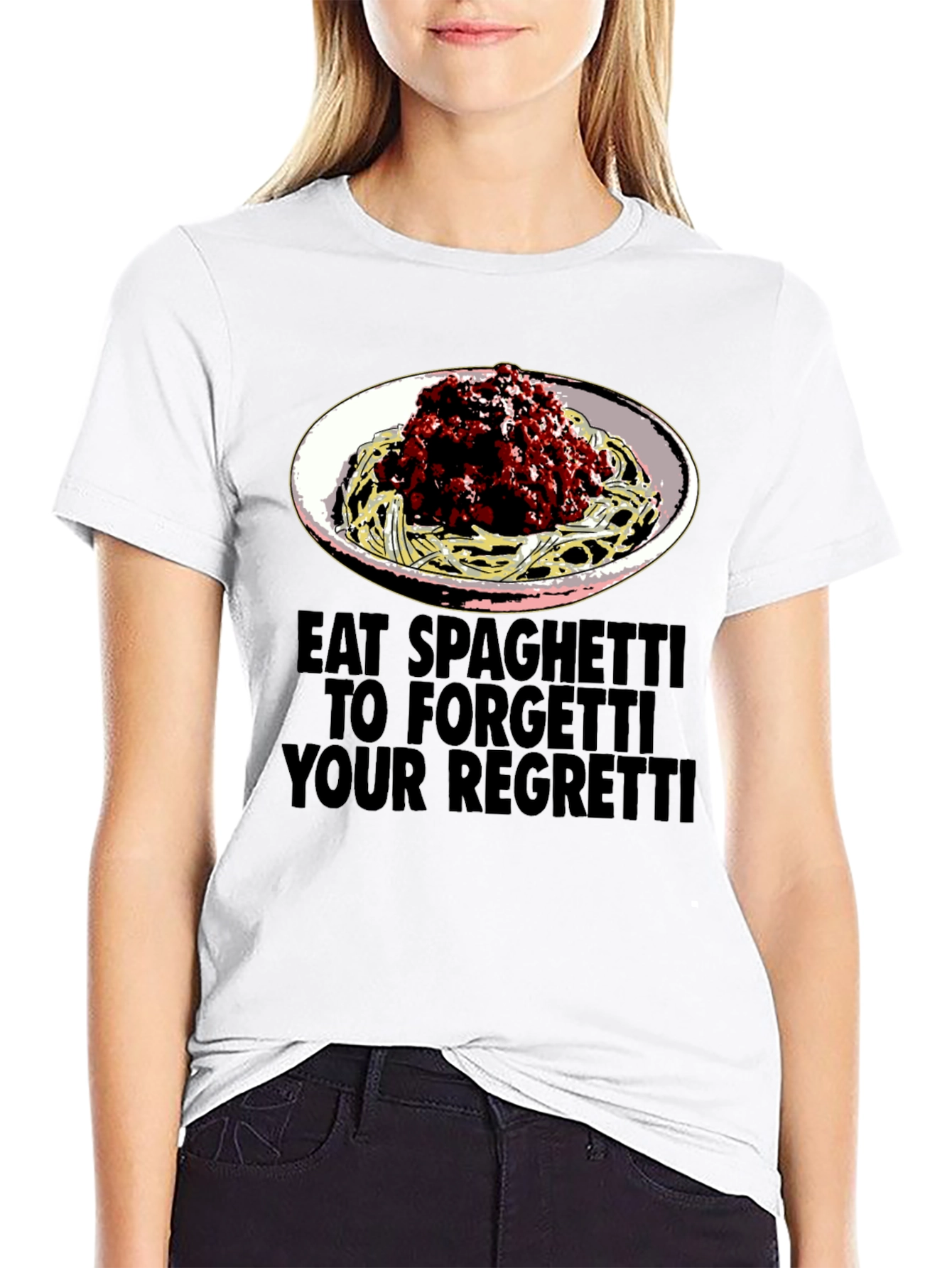 Black Eat Spaghetti T-Shirt: Forget Your Regretti Fun Tee view 9