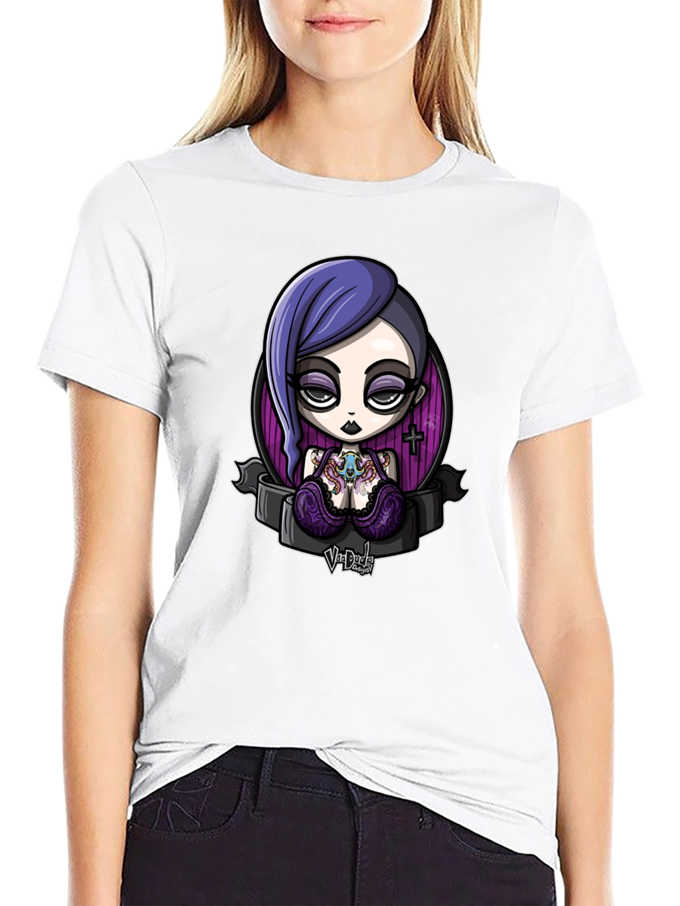 Black Gothic Cartoon Girl Graphic Black T-Shirt view 9