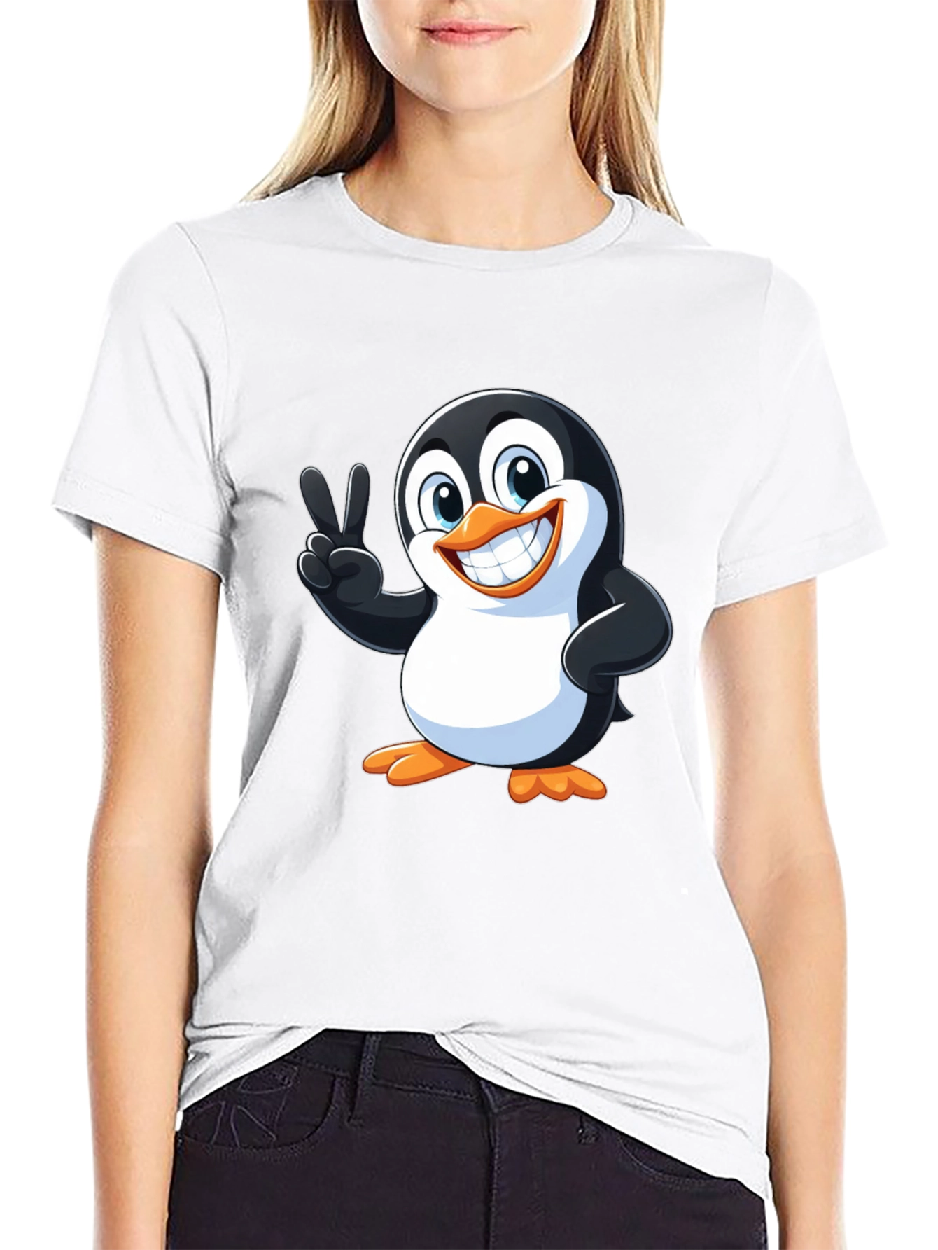 Black Cute Penguin Peace Sign Graphic T-Shirt view 9
