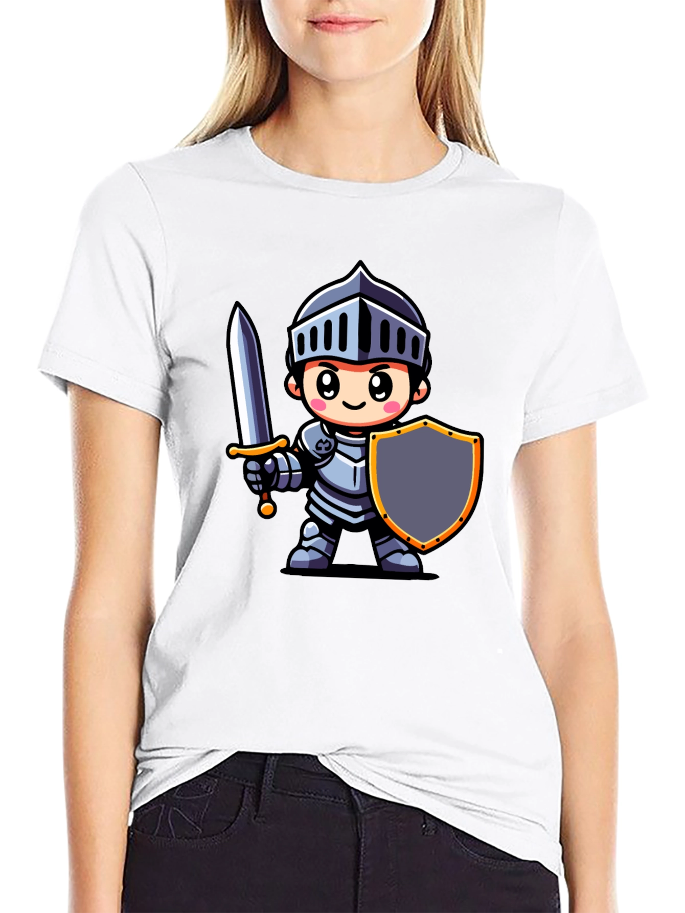 Black Cartoon Knight Graphic Tee - Black Cotton T-Shirt view 9