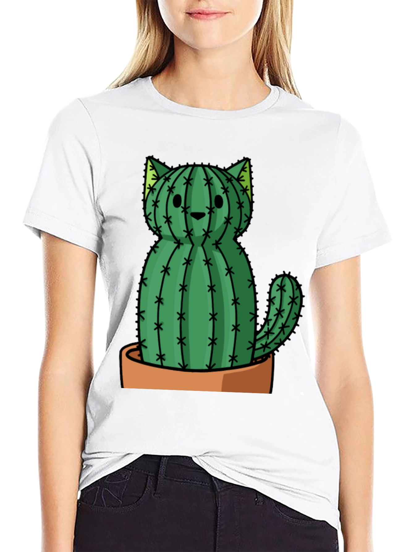 Black Cactus Cat Graphic Tee - Trendy Plant Lover Shirt view 9