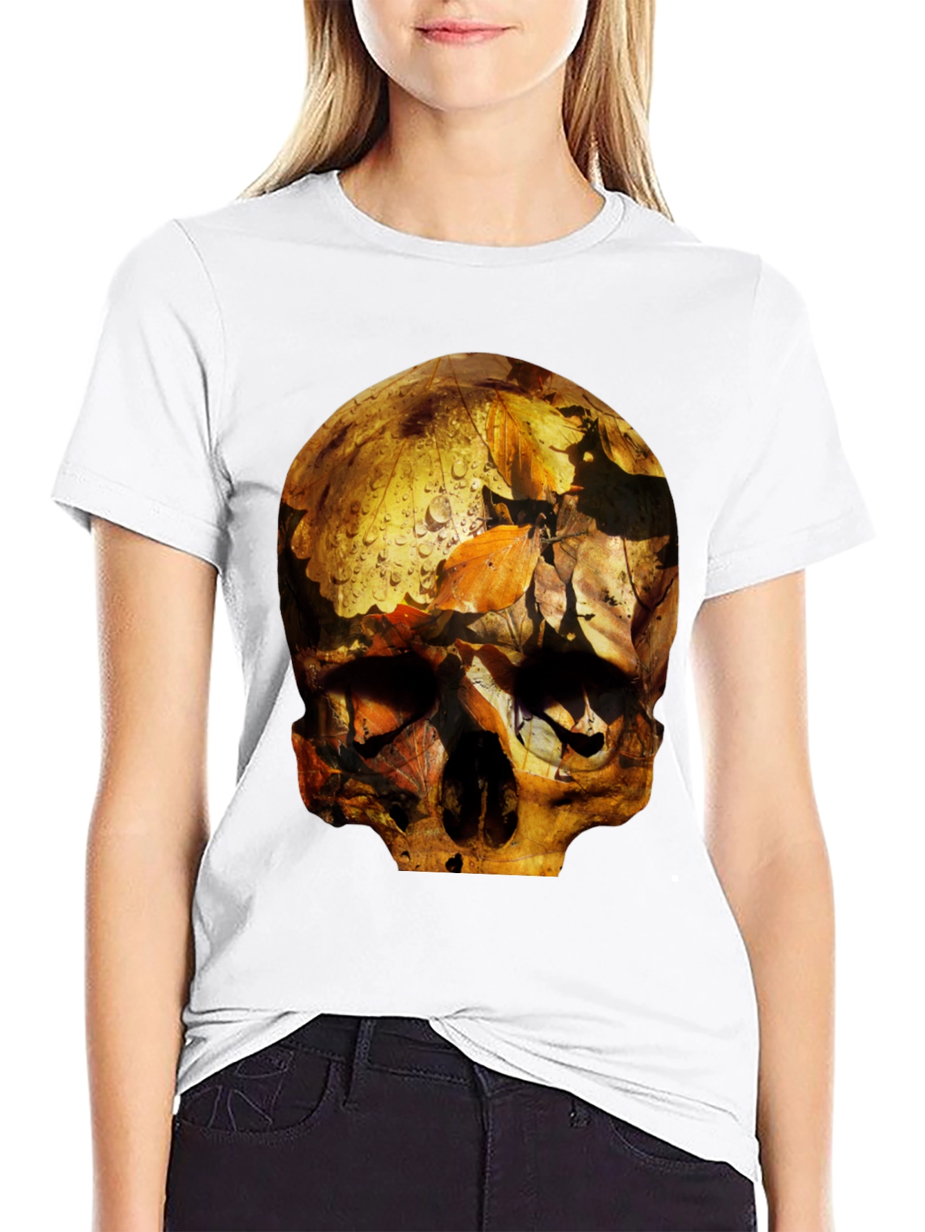Black Skull Graphic Tee - Fallen Leaves Design view 9