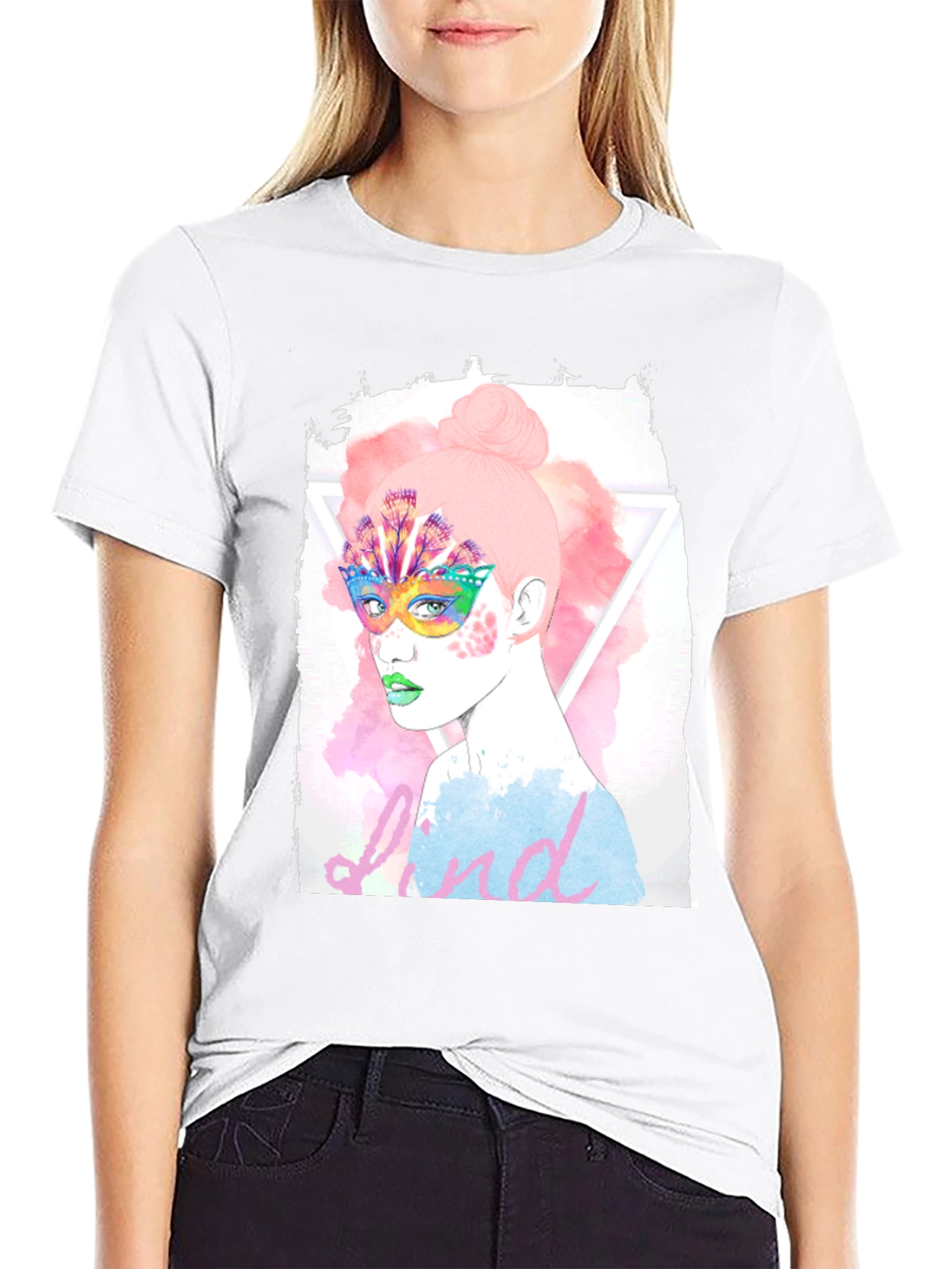 Black Graphic Print Tee - Colorful Mask Woman view 9