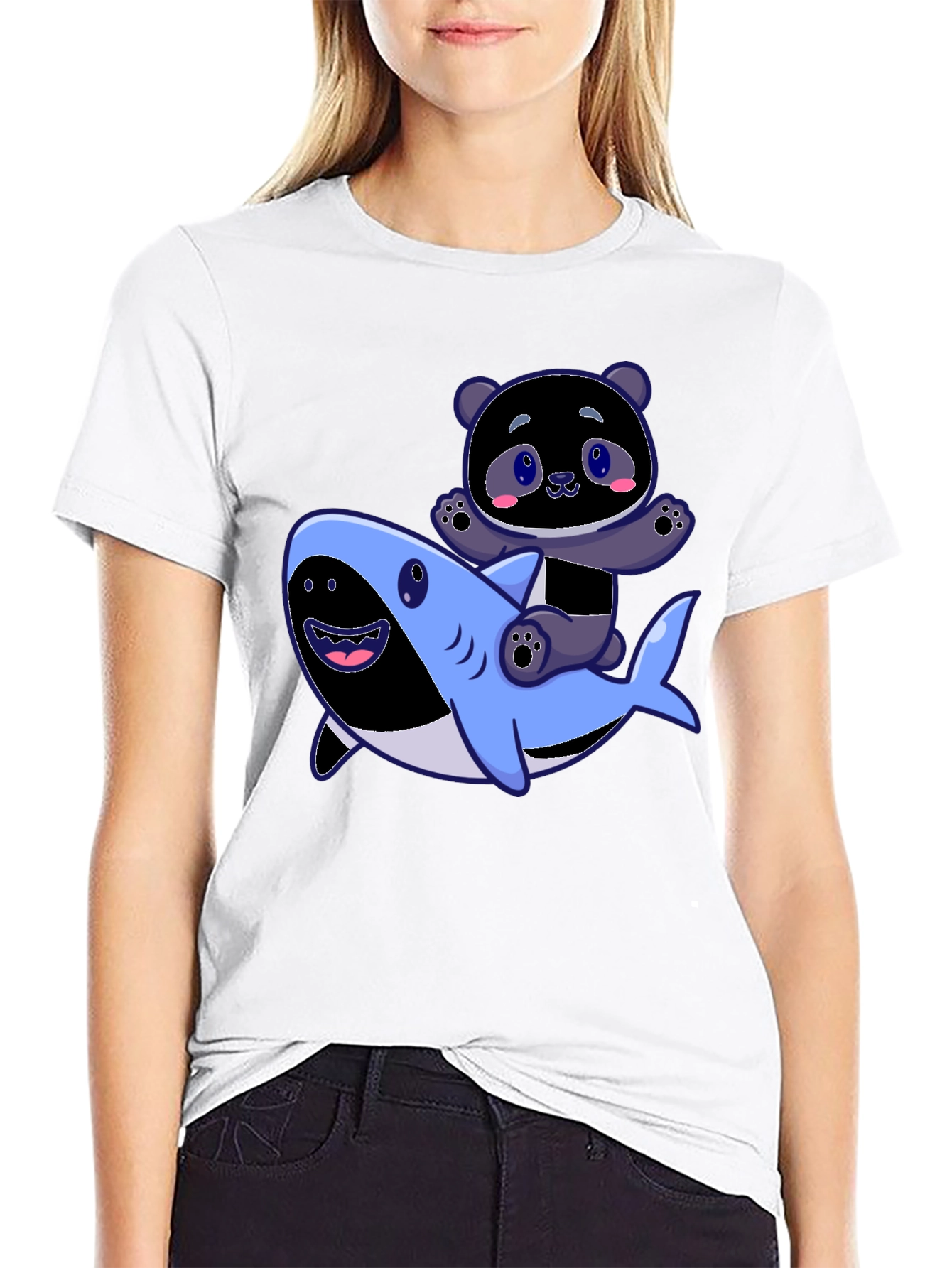Black Panda Riding Shark Graphic Tee - Fun Black T-Shirt view 9
