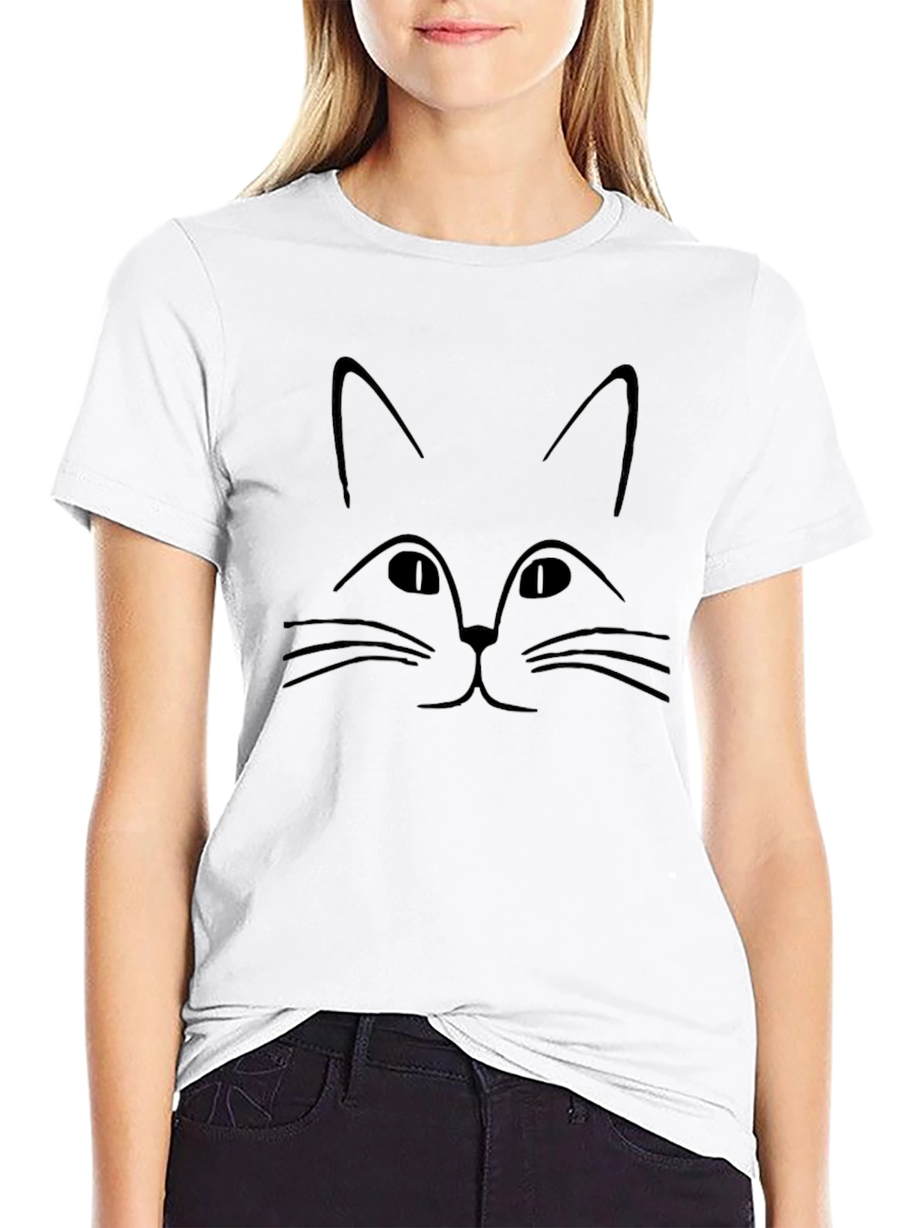 Black Minimalist Cat Face Graphic Black T-Shirt view 9