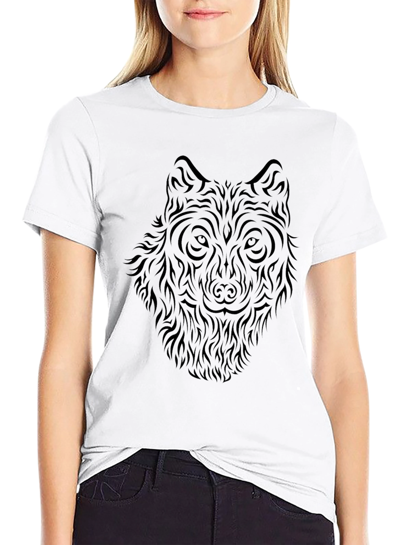 Black Wolf Tribal Graphic Print Black T-Shirt view 9
