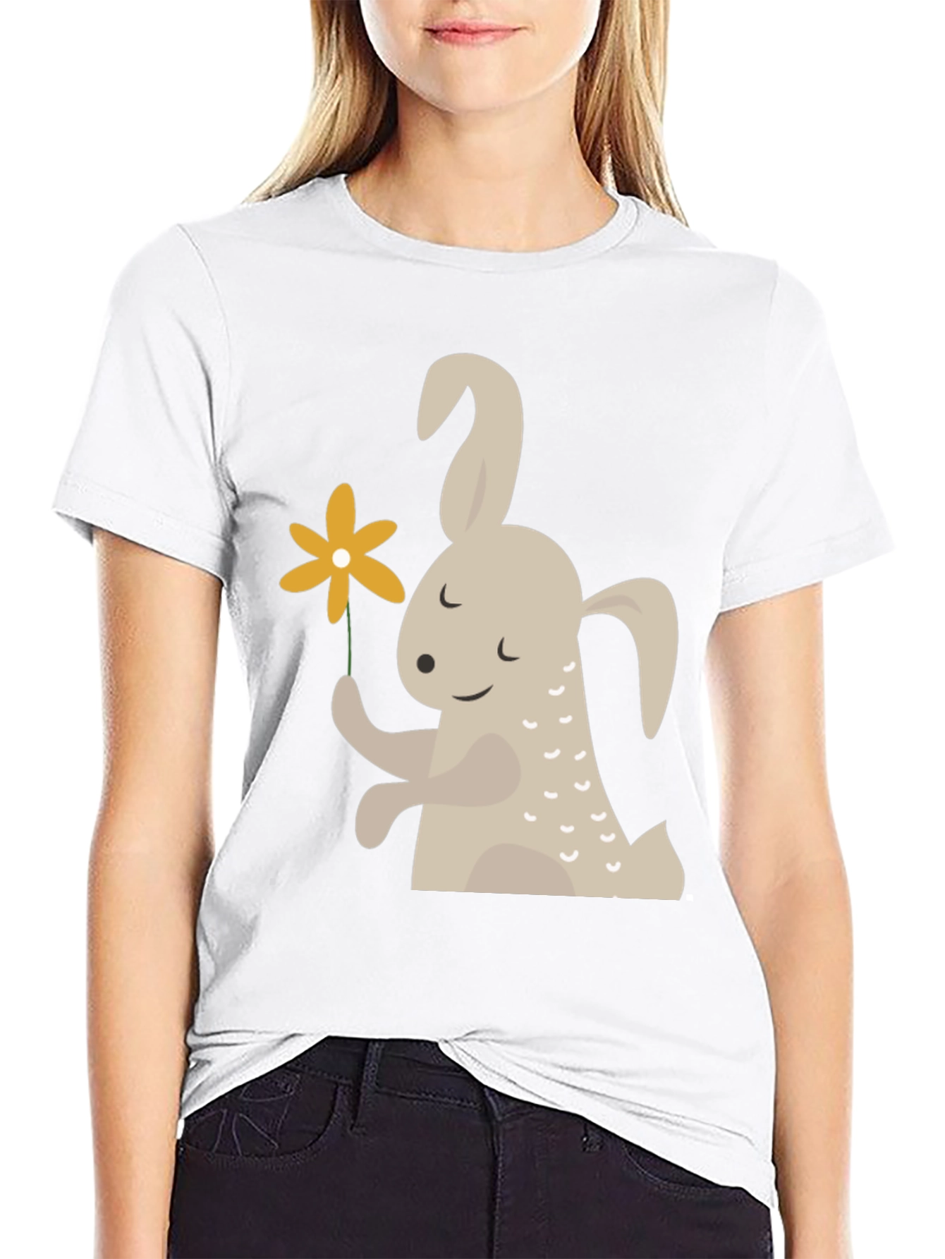 Black Cute Bunny Holding Flower Graphic T-Shirt view 9
