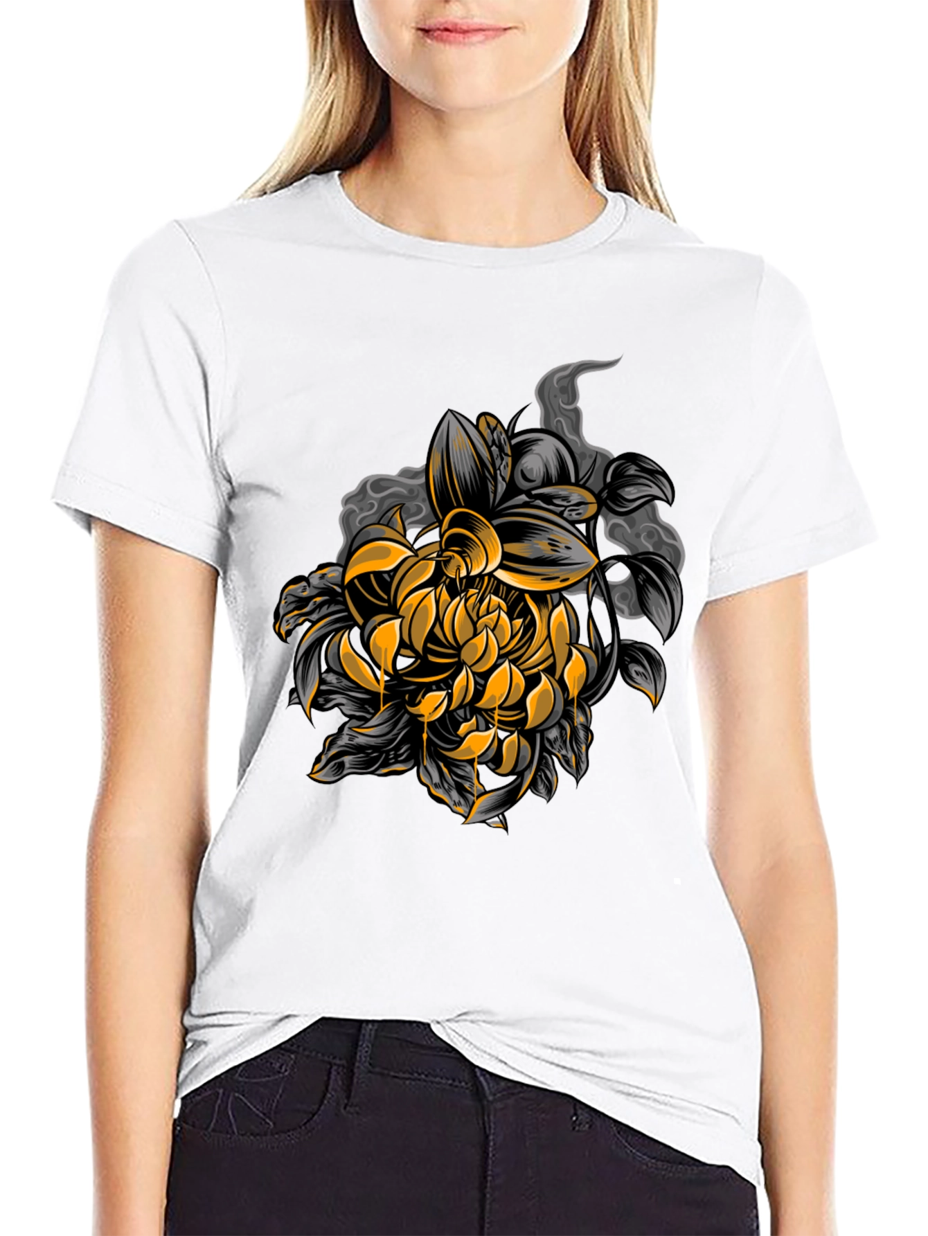 Black Chrysanthemum Graphic Black Tee view 9